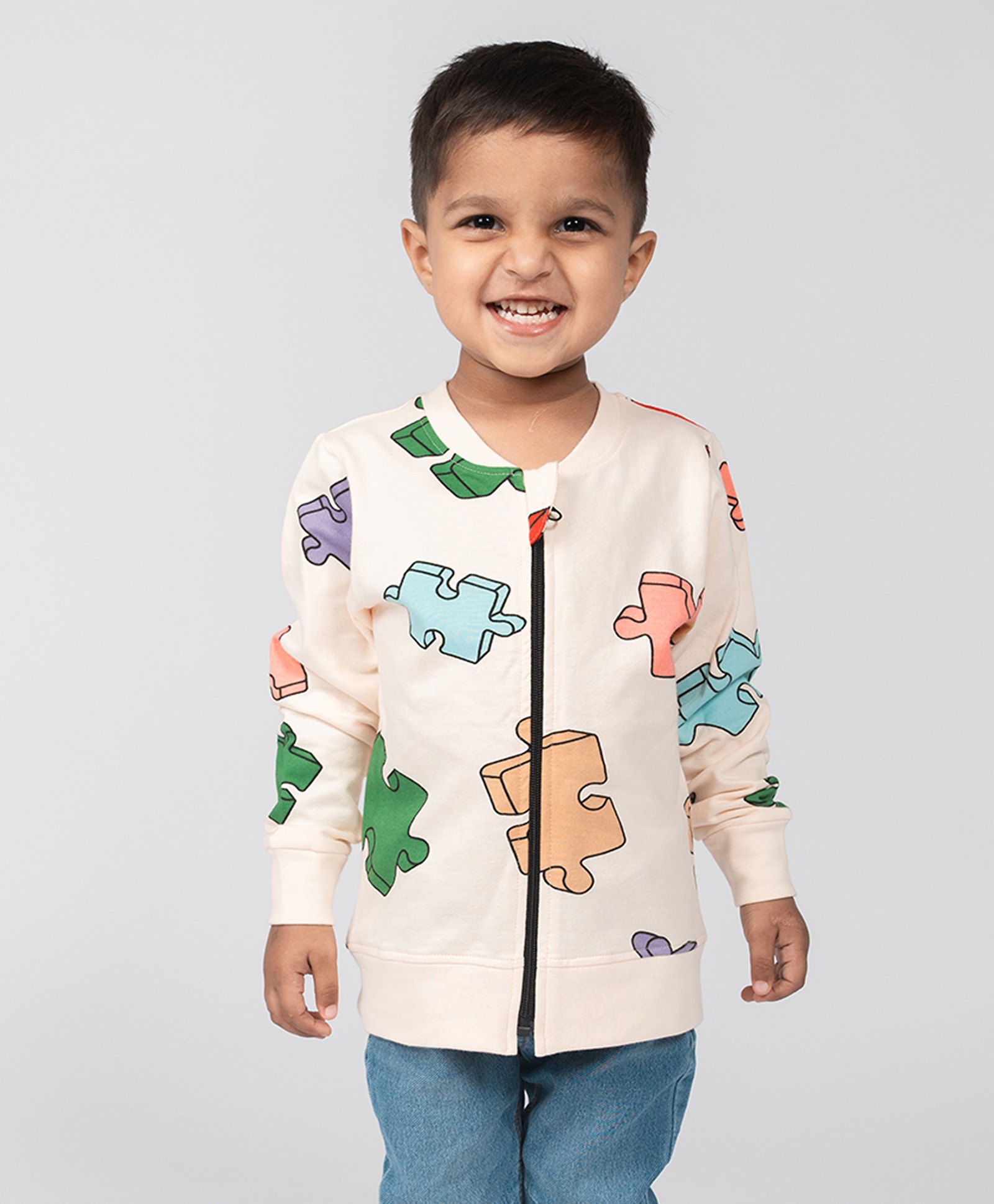 Be Awara Cotton Knit Full Sleeves Puzzle Printed Bomber Jacket - Beige-picture-38