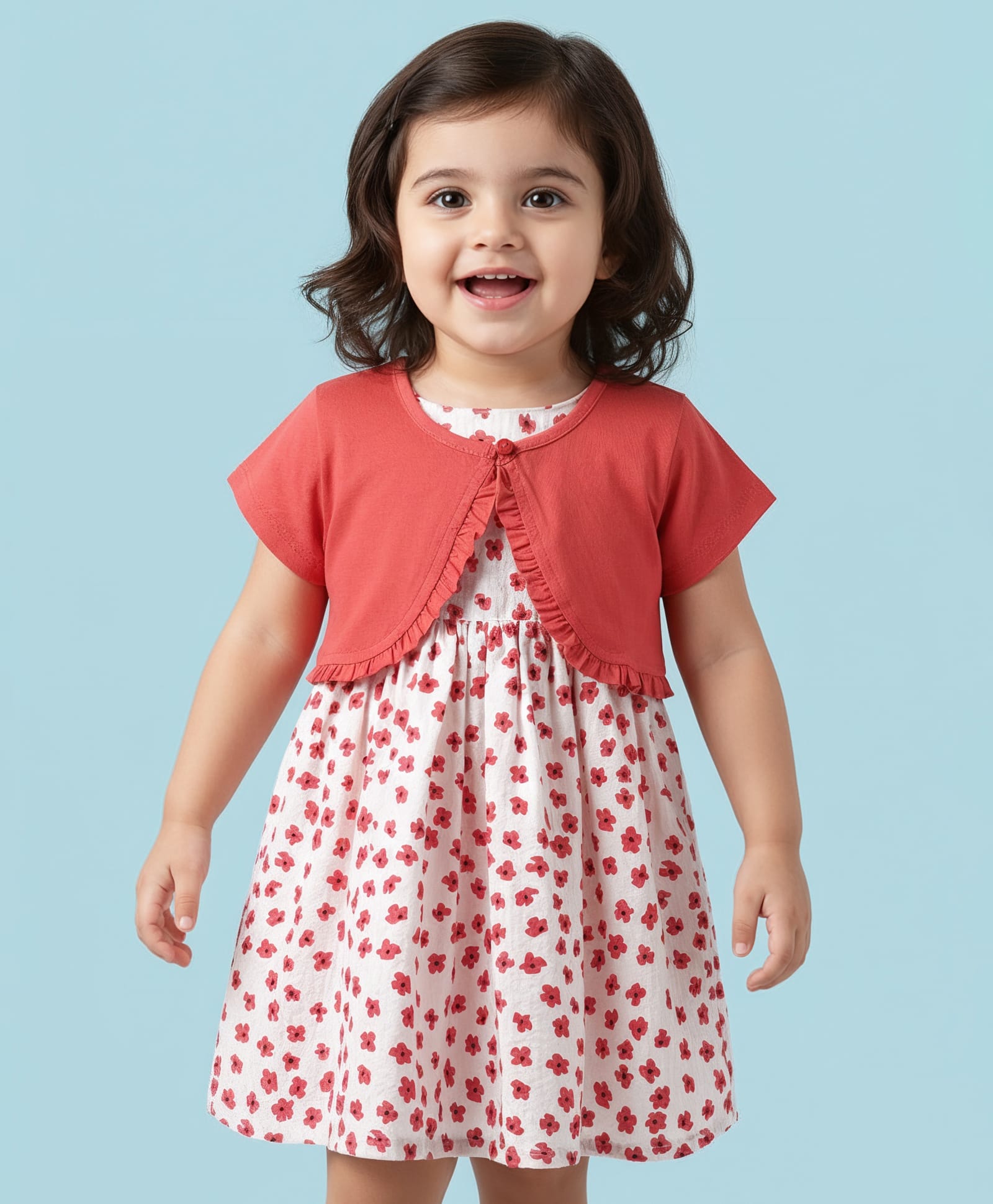 Babyhug Cotton Woven Half Sleeves Floral Printed Frock With Jacket - Red & White-picture-26