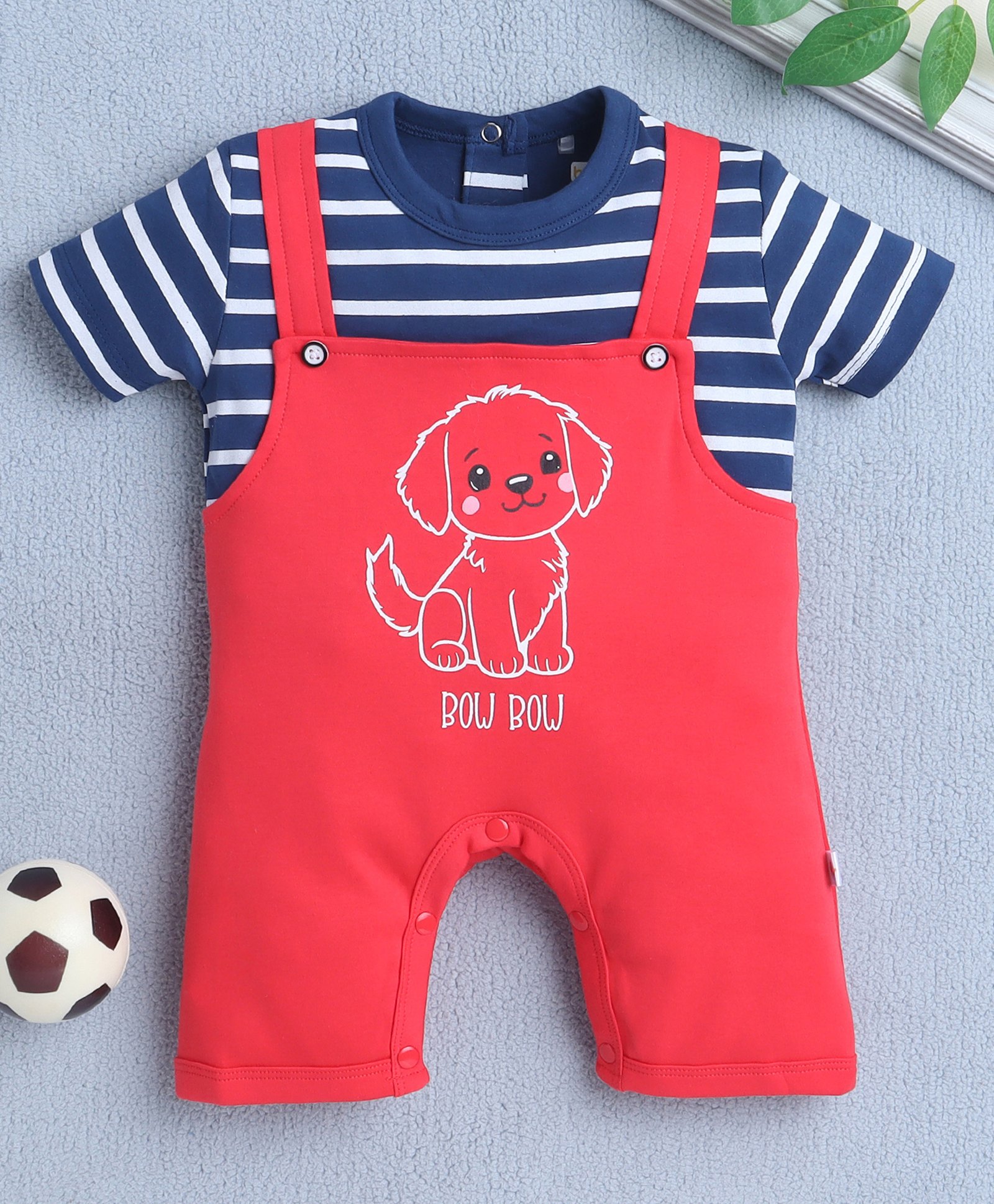 BUMZEE Cotton Half Sleeves Cute Puppy Printed & Striped Romper - Red & Navy Blue-image-32