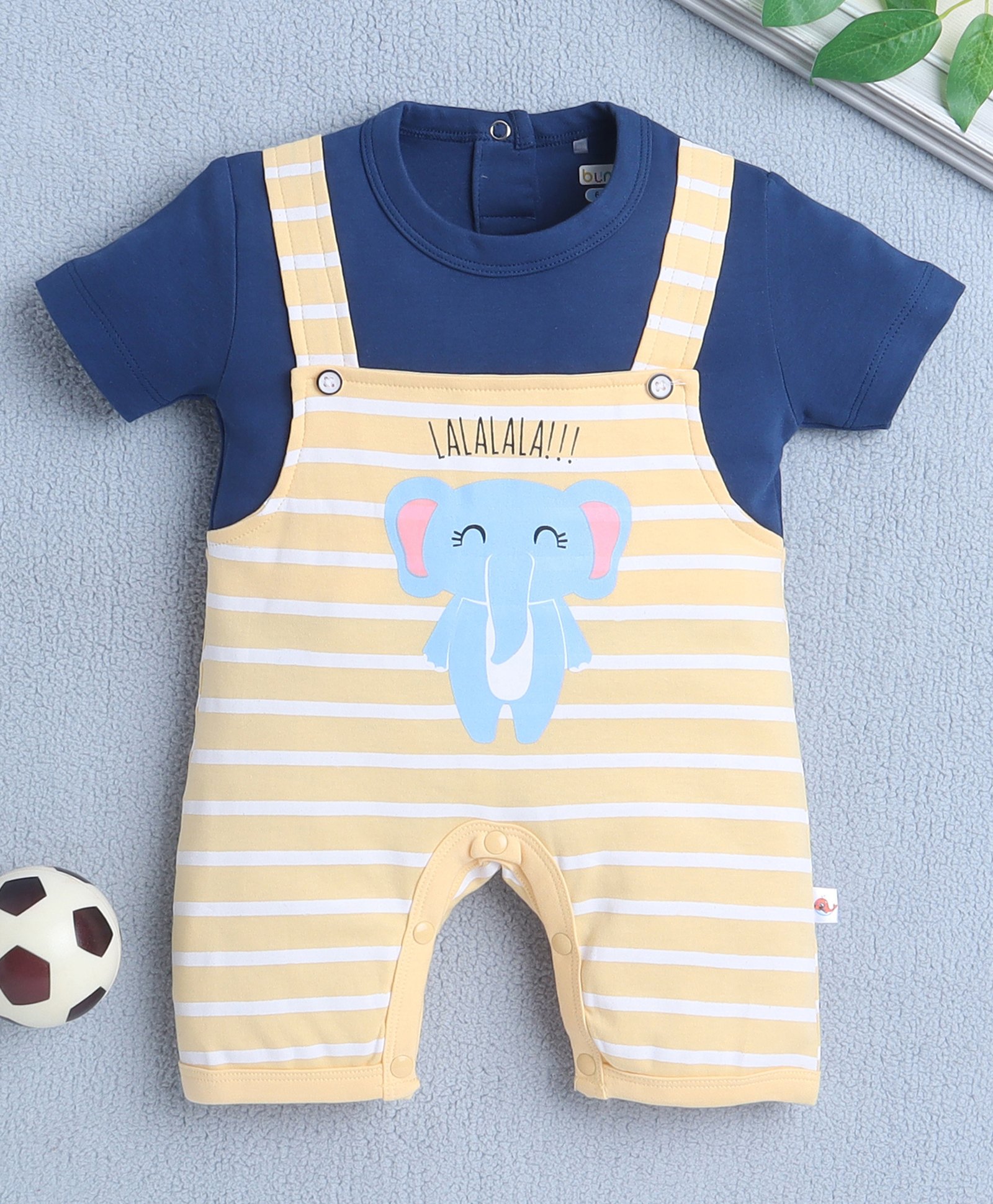 BUMZEE Cotton Half Sleeves Cute Baby Elephant Printed & Striped Romper - Yellow & Navy Blue-picture-25