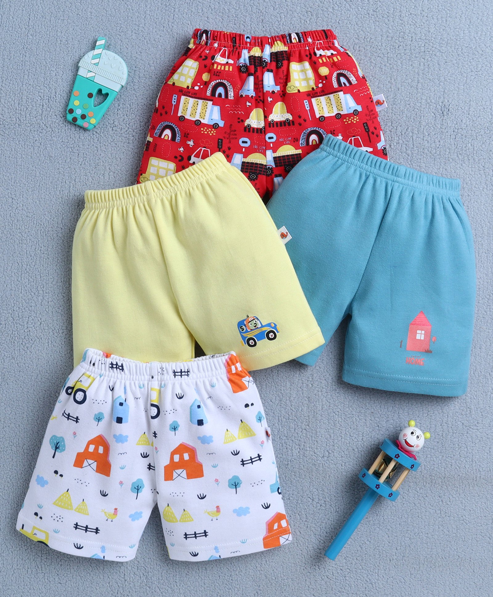 BUMZEE Cotton Pack Of 4 Vehicle & Hen Printed Shorts - Yellow & Teal Blue-image-6
