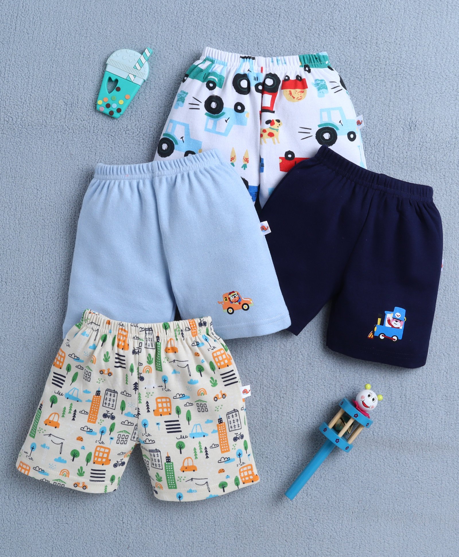 BUMZEE Cotton Pack Of 4 Vehicle & Rainbow Printed Shorts - Navy Blue & Sky Blue-picture-15