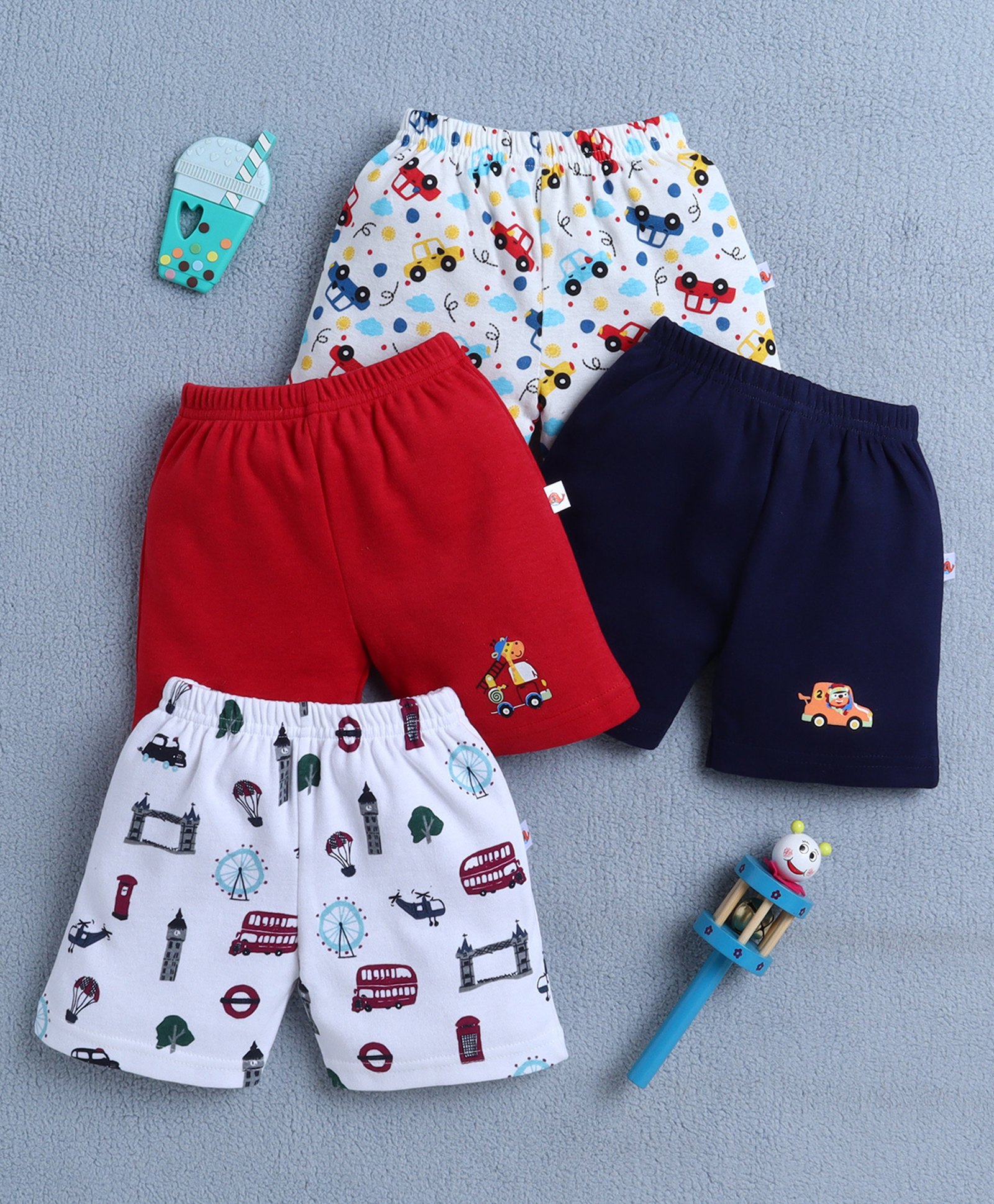 BUMZEE Cotton Pack Of 4 Vehicle & London Theme Printed Shorts - Red & Navy-image-44
