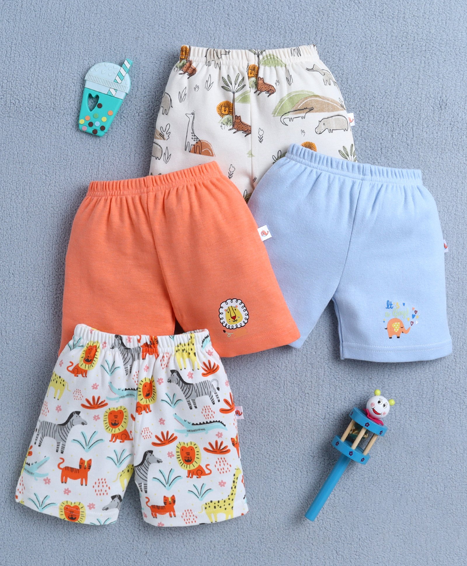 BUMZEE Cotton Pack Of 4 Animals Printed Shorts - Orange & Sky Blue-image-43