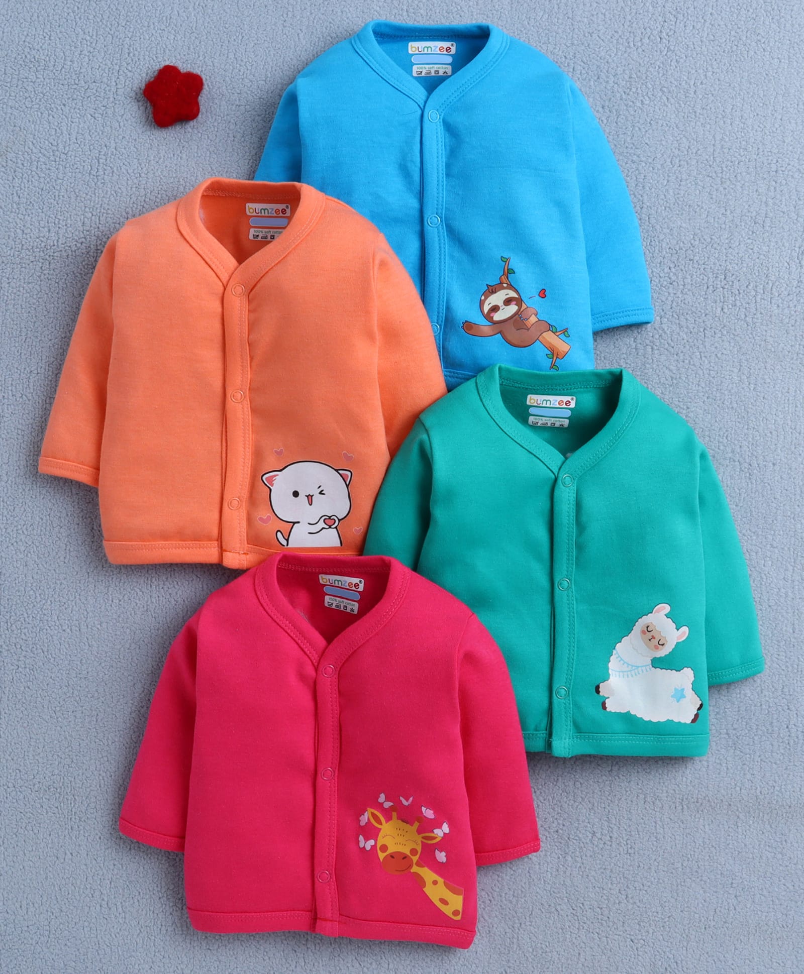BUMZEE Cotton Knit Pack Of 4 Full Sleeves Animal Printed Jhablas - Blue & Pink-image-19