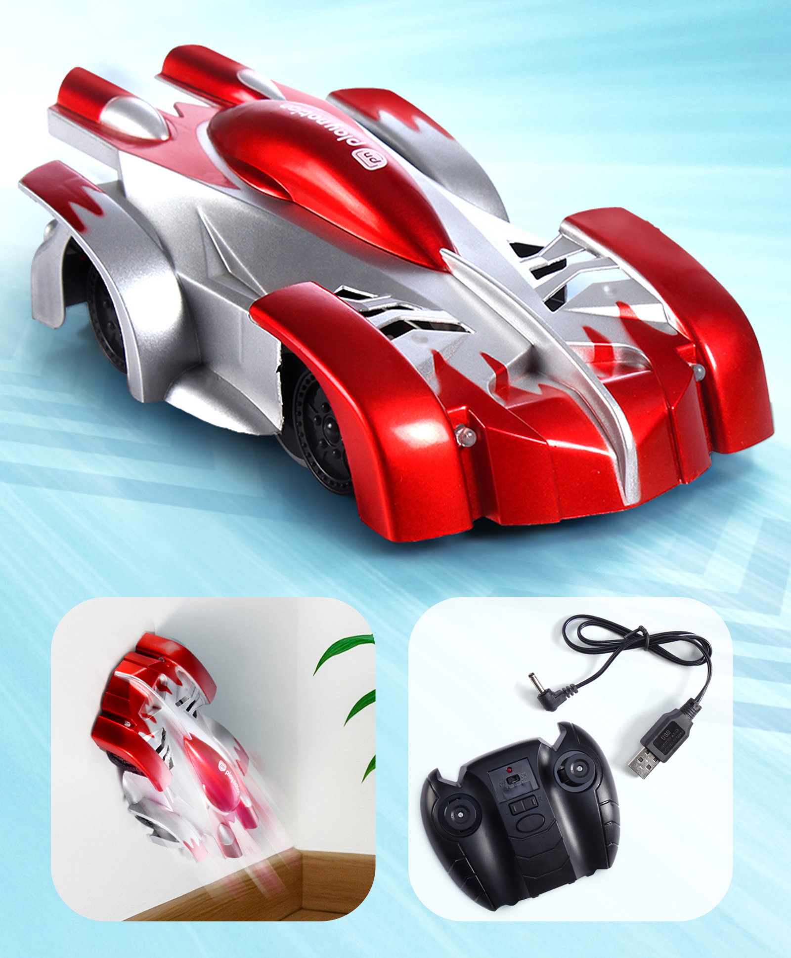 Play Nation Wall Rocket Remote Control Wall Climbing Rechargeable Car for Kids | Anti-Gravity Stunt Car with LED Lights| Vertical Stunts and Floor Racing| Sleek Racer Design| USB Charging - Red-image-38