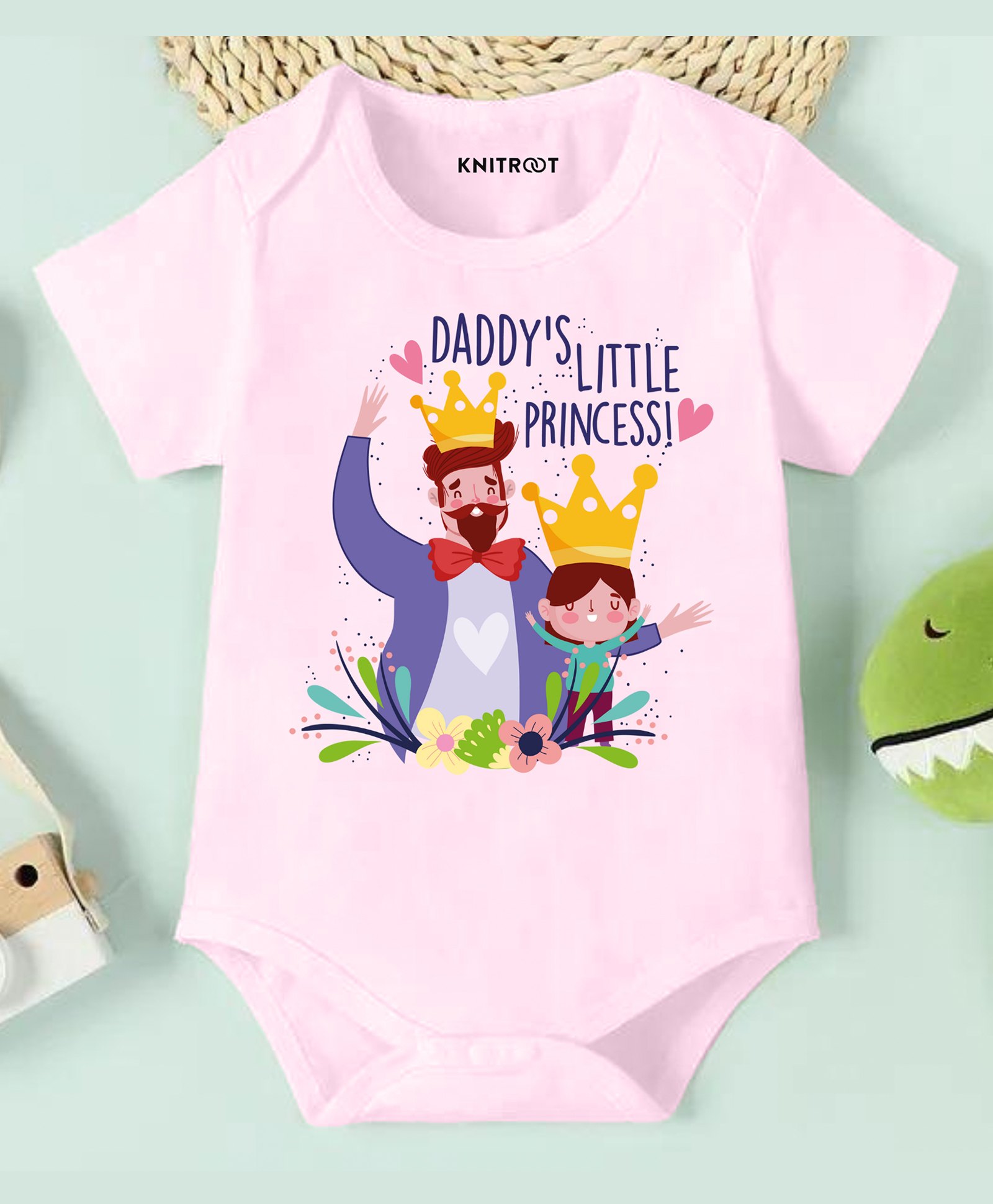 KNITROOT Cotton Lycra Fathers Day Theme Half Sleeves Daddys Little Princess Text Printed Onesie - Pink-image-24