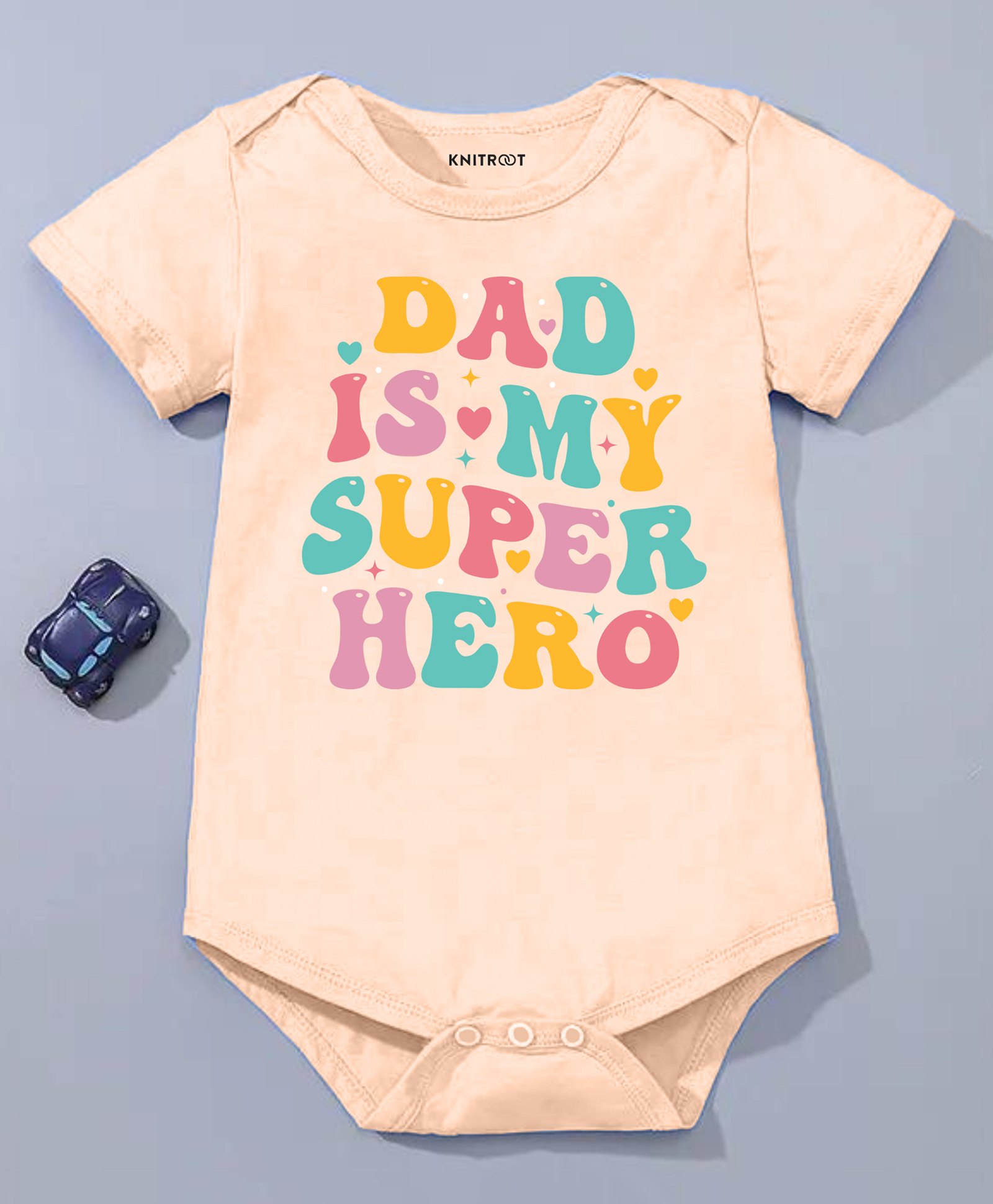 KNITROOT Cotton Lycra Fathers Day Theme Half Sleeves Dad Is My Super Hero Text Printed Onesie - Peach-picture-12