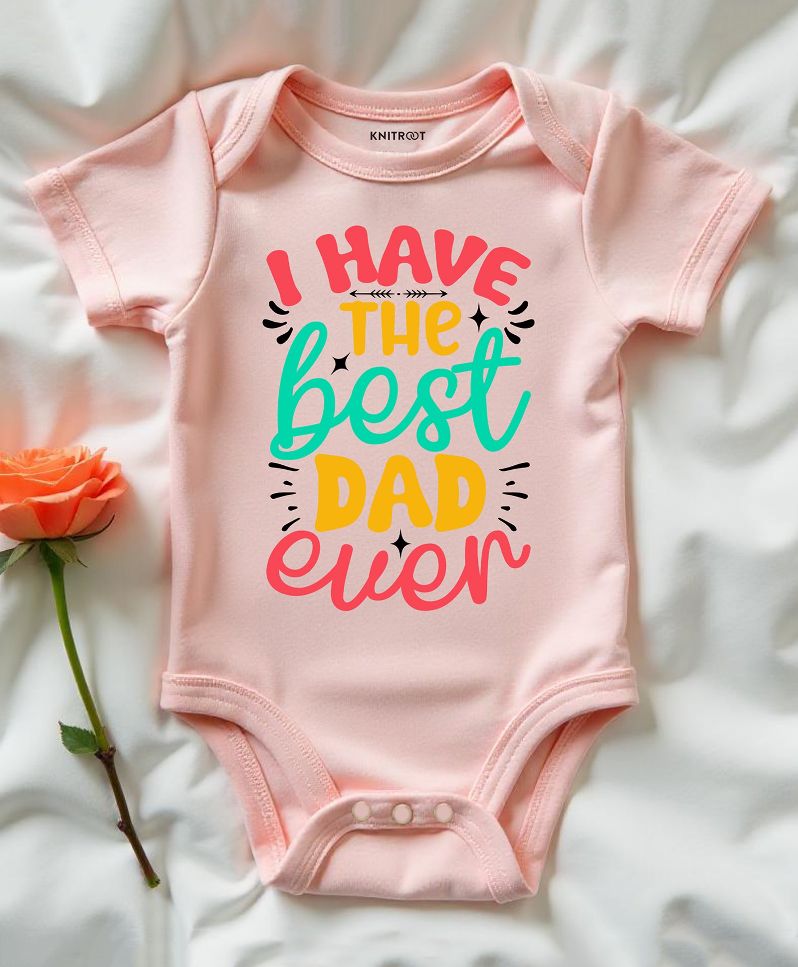 KNITROOT Cotton Lycra Fathers Day Theme Half Sleeves I Have The Best Dad Ever Text Printed Onesie - Peach-image-20