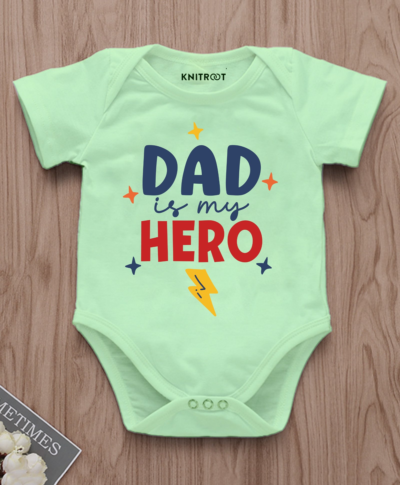 KNITROOT Cotton Lycra Fathers Day Theme Half Sleeves Dad Is My Hero Text Printed Onesie - Green-image-46