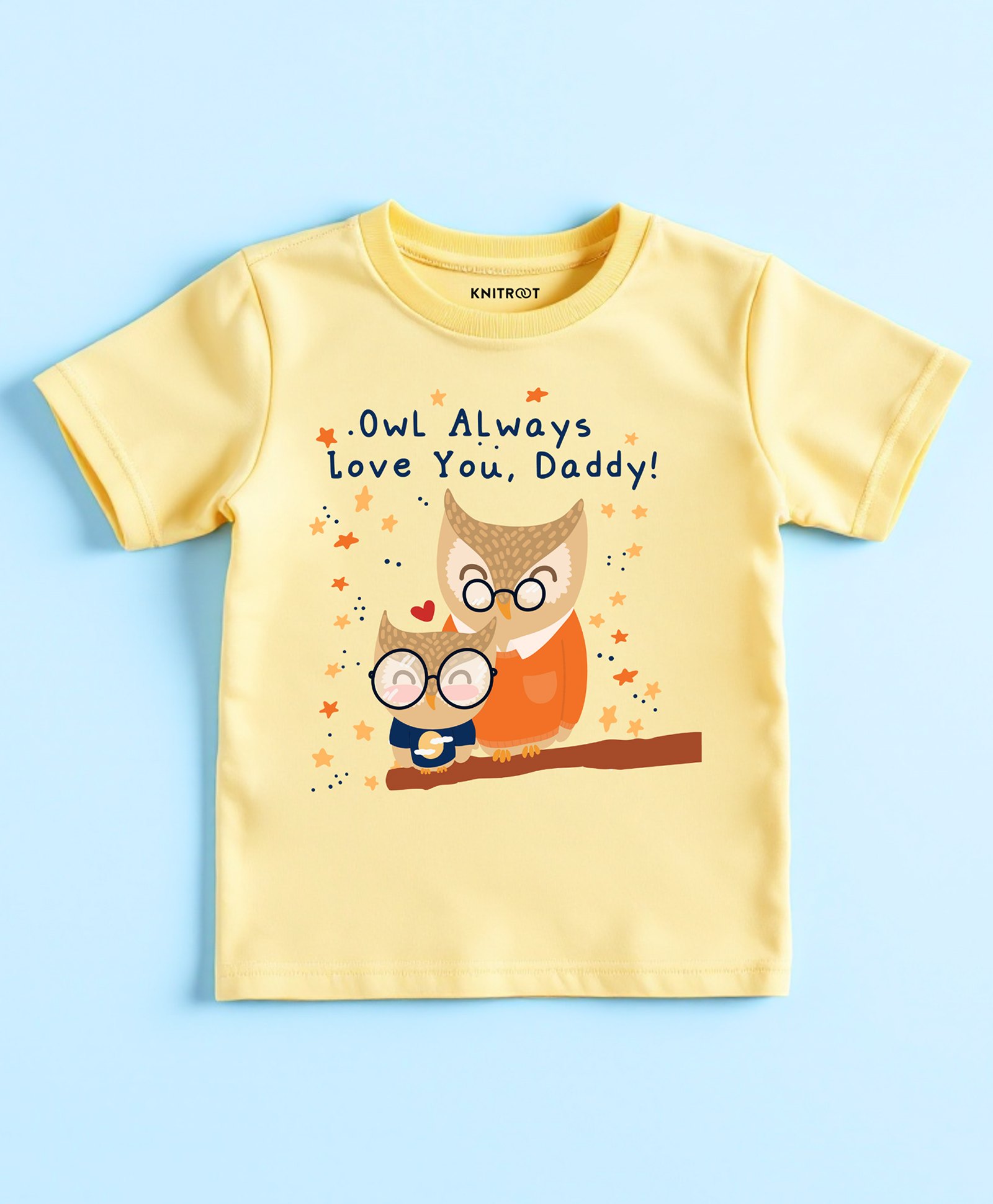 KNITROOT Cotton Lycra Fathers Day Theme Half Sleeves Owl Always Love You Daddy Text Printed Tee - Yellow-image-12