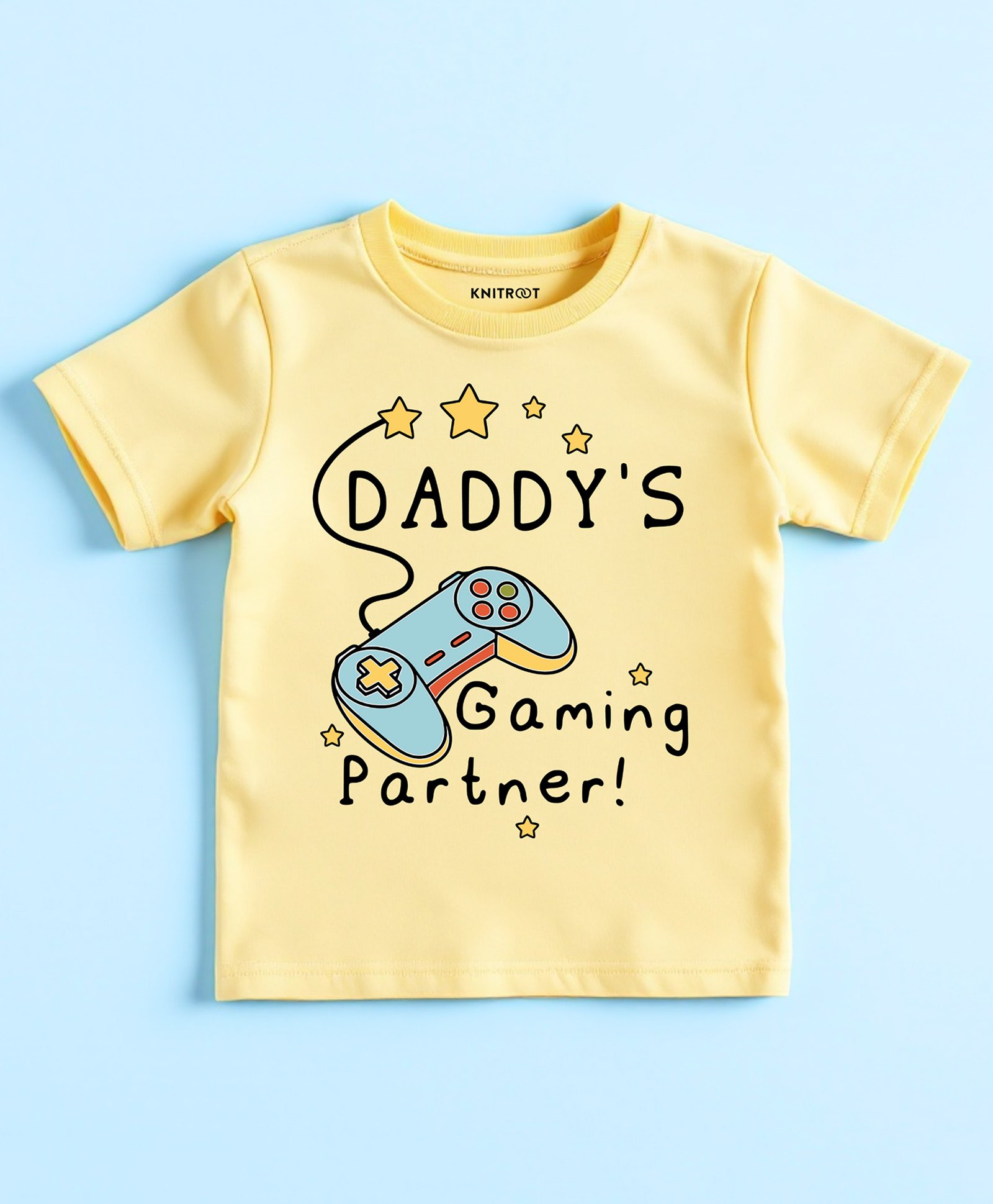 KNITROOT Cotton Lycra Fathers Day Theme Half Sleeves Daddys Gaming Partner Text Printed Tee - Yellow-picture-11