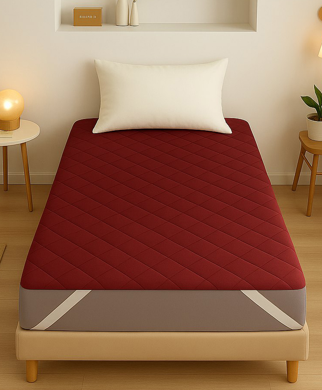 RRC 4 Corner Elastic Strap Single Size Waterproof Quilted Mattress - Maroon-picture-11