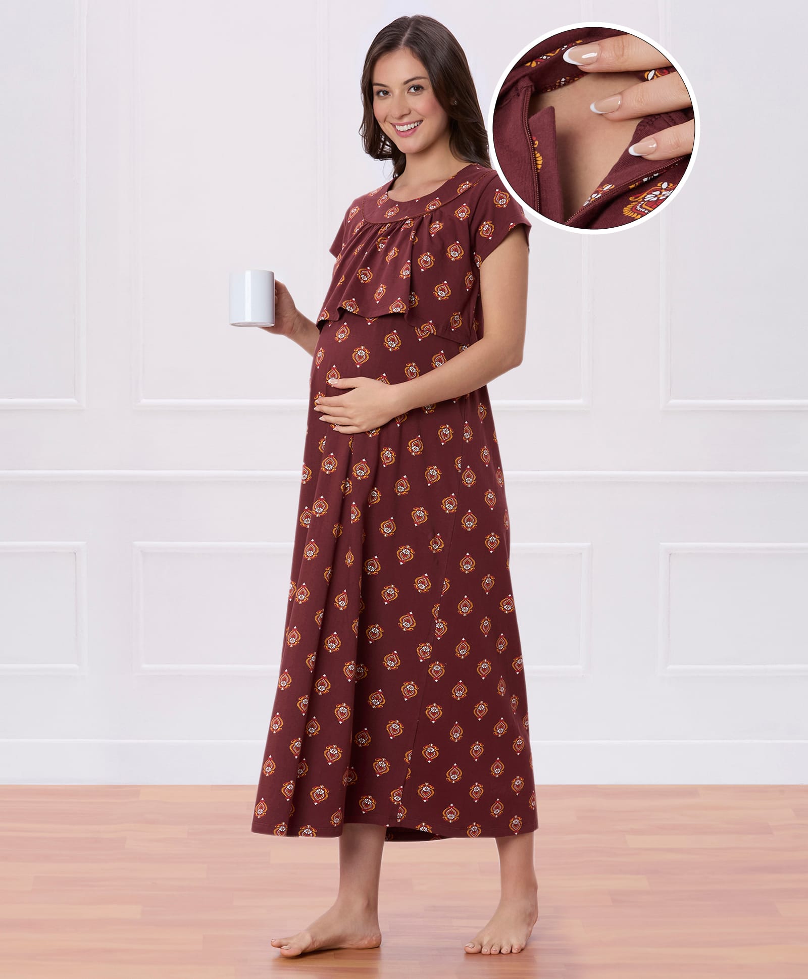 Bella Mama 100% Cotton Knit Half Sleeves Concealed Zipper Nursing Nighty with Abstract Print - Brown-picture-14