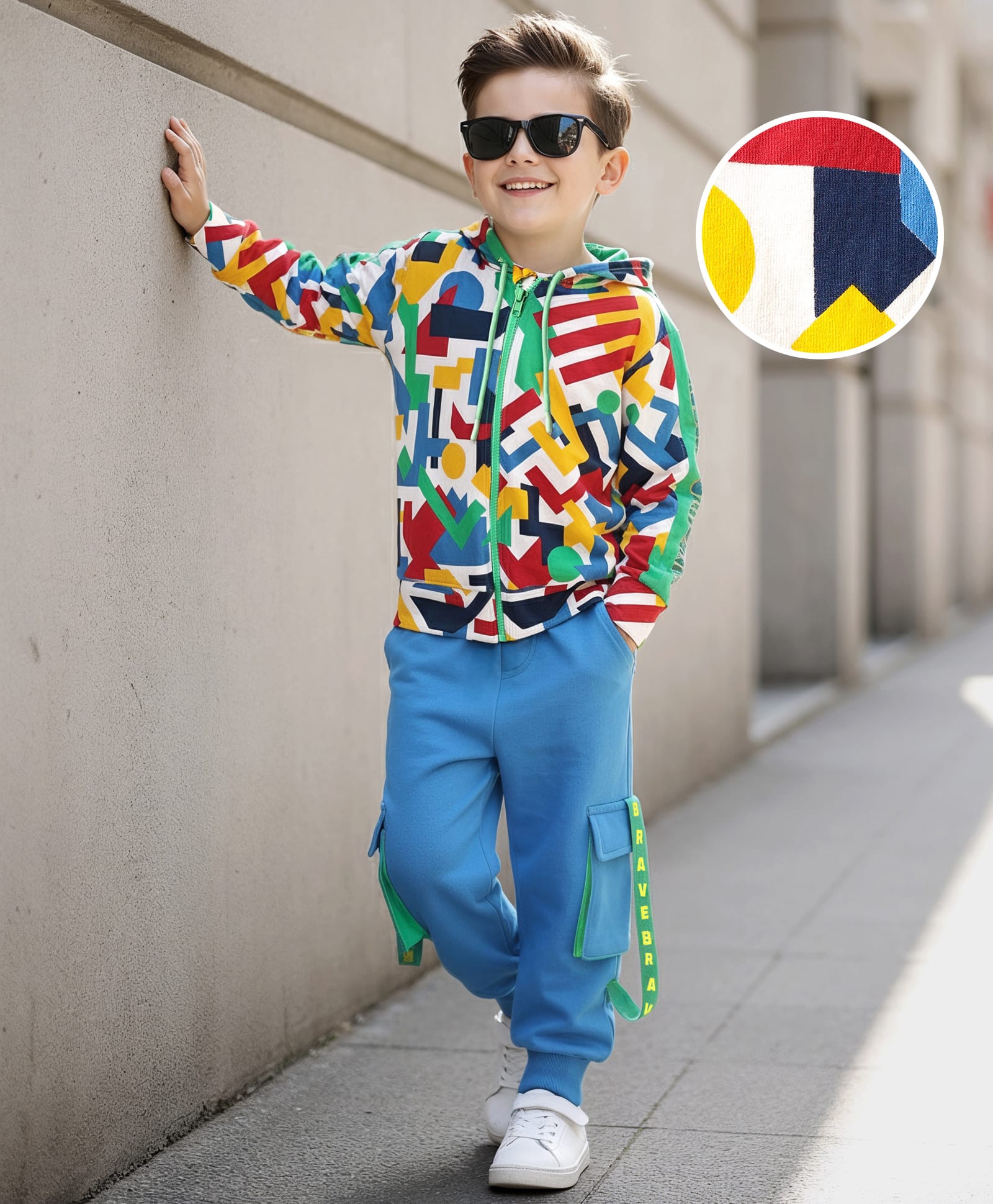 OLLINGTON ST. Looper Cotton Knit Full Sleeves Hooded Sweatshirts & Joggers with Geometric Print - Multicolor & Blue-image-41