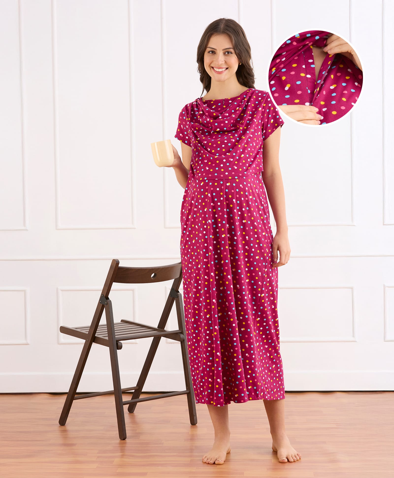 Bella Mama Cotton Knit Half Sleeves Maternity Nighty With Polka Dot Print - Fuchsia-picture-8