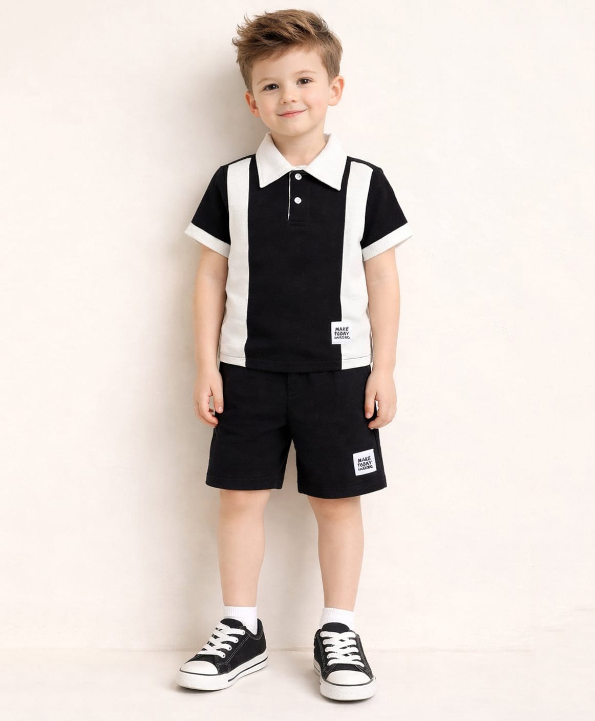 Little Marine Cotton Half Sleeves Colour Blocked Polo Tee & Shorts Set - Black & White-picture-23
