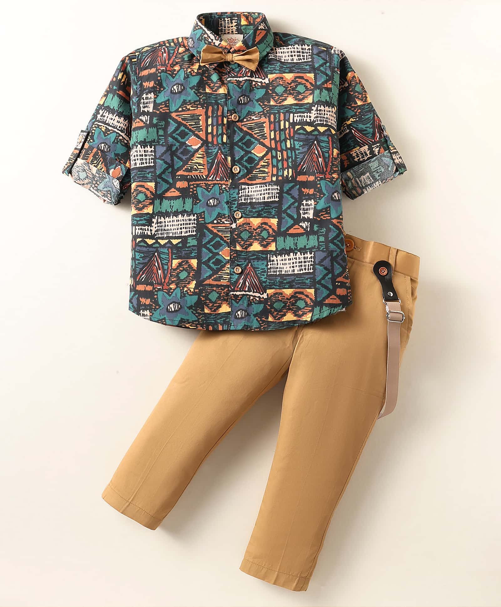 Rikidoos Full Sleeves Floral Printed Shirt With Pant Suspender & Bow Set - Green & Khaki-image-24