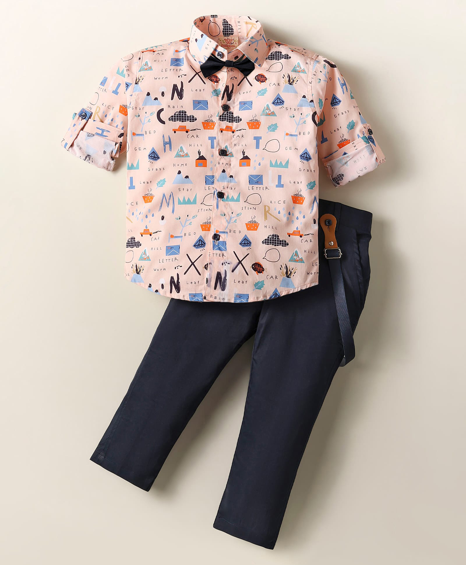 Rikidoos Full Sleeves Doodle Art Printed Shirt With Pant Suspender & Bow Set - Light Peach & Navy Blue-image-33