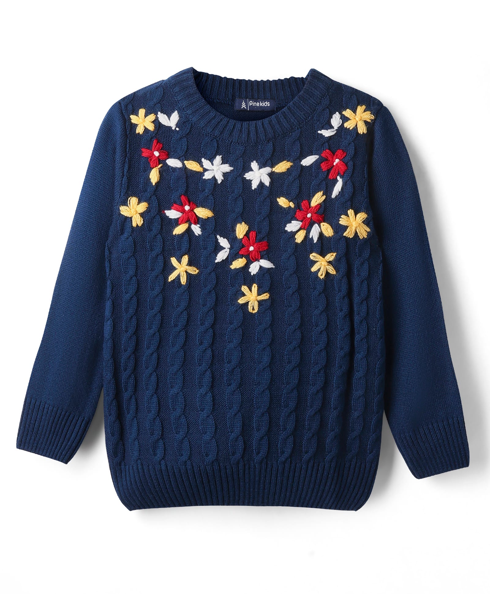 Pine Kids Knit Full Sleeves Pullover Sweater With Floral & Cable Knit Design - Navy Blue-picture-38