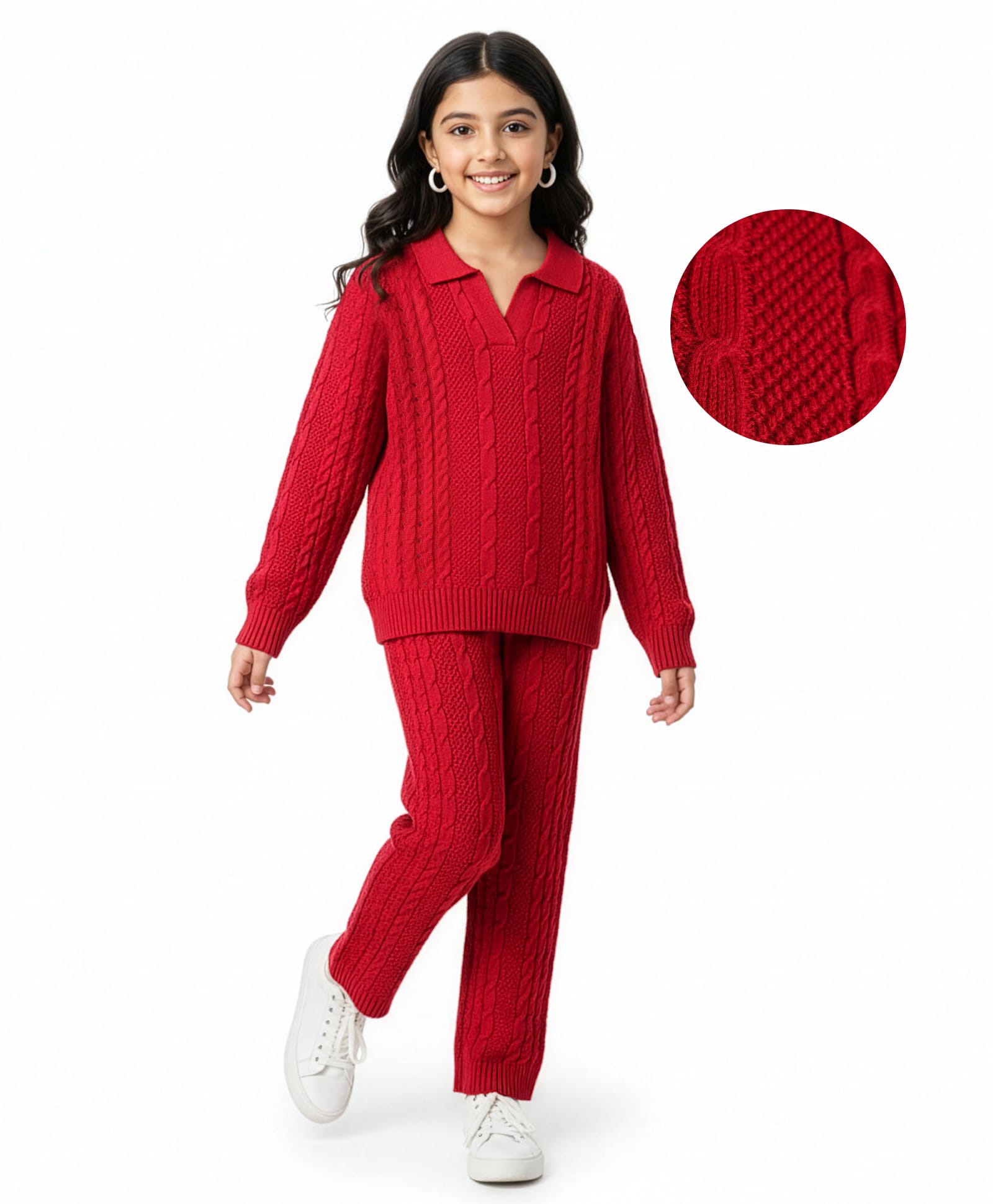 Pine Kids Knit Full Sleeves Solid Collar Neck Sweater Set with Cable Knit Design - Dark Red-image-49