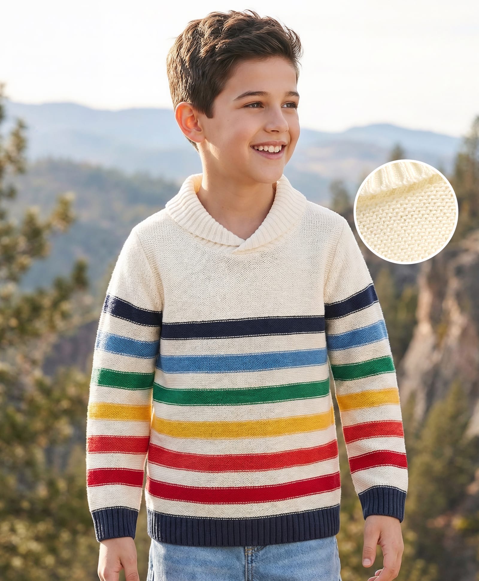 Pine Kids Knit Full Sleeves Pullover Sweater with Multicolor Stripe Design - White-image-37