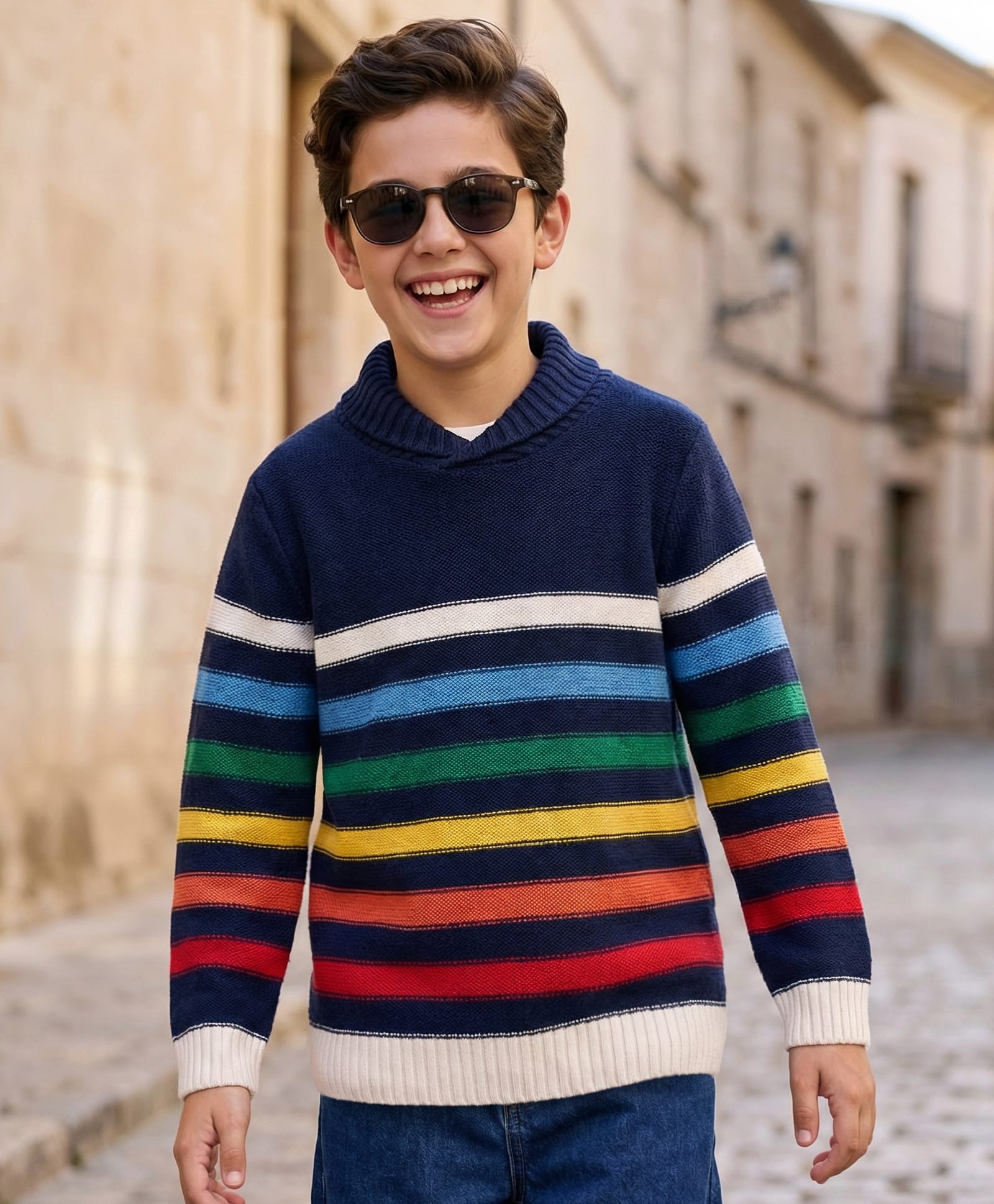 Pine Kids Knitted Full Sleeves Collar Neck Striped Pullover Sweater - Navy Blue-image-43