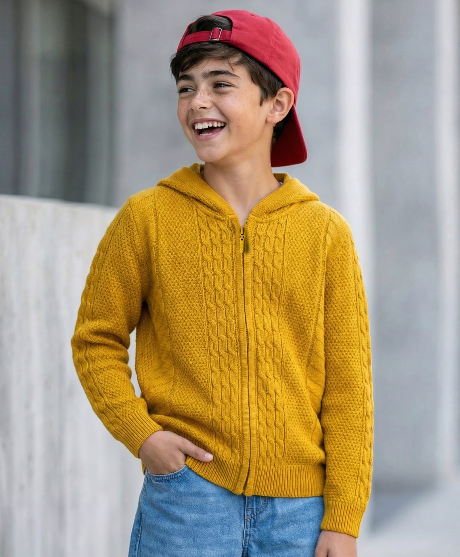 Pine Kids Knit Full Sleeves Front Open Hooded Sweater with Cable Knit Design - Mustard-picture-31