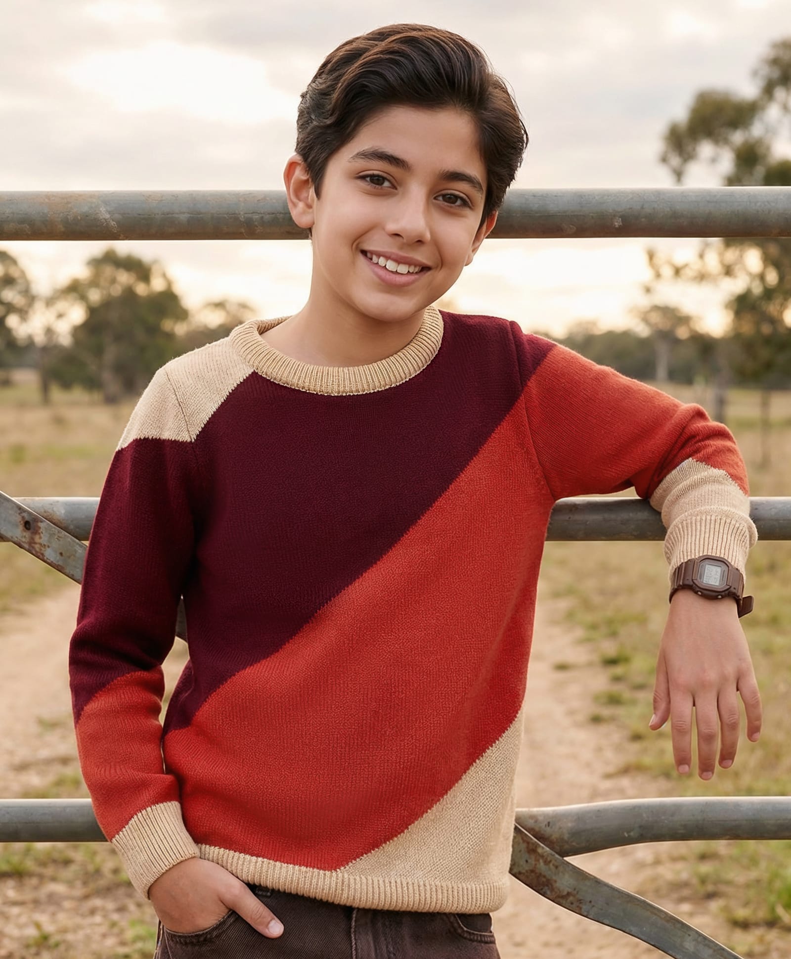 Pine Kids Cotton Knit Full Sleeves Pullover With Color Blocks & Stripes - Maroon-image-43