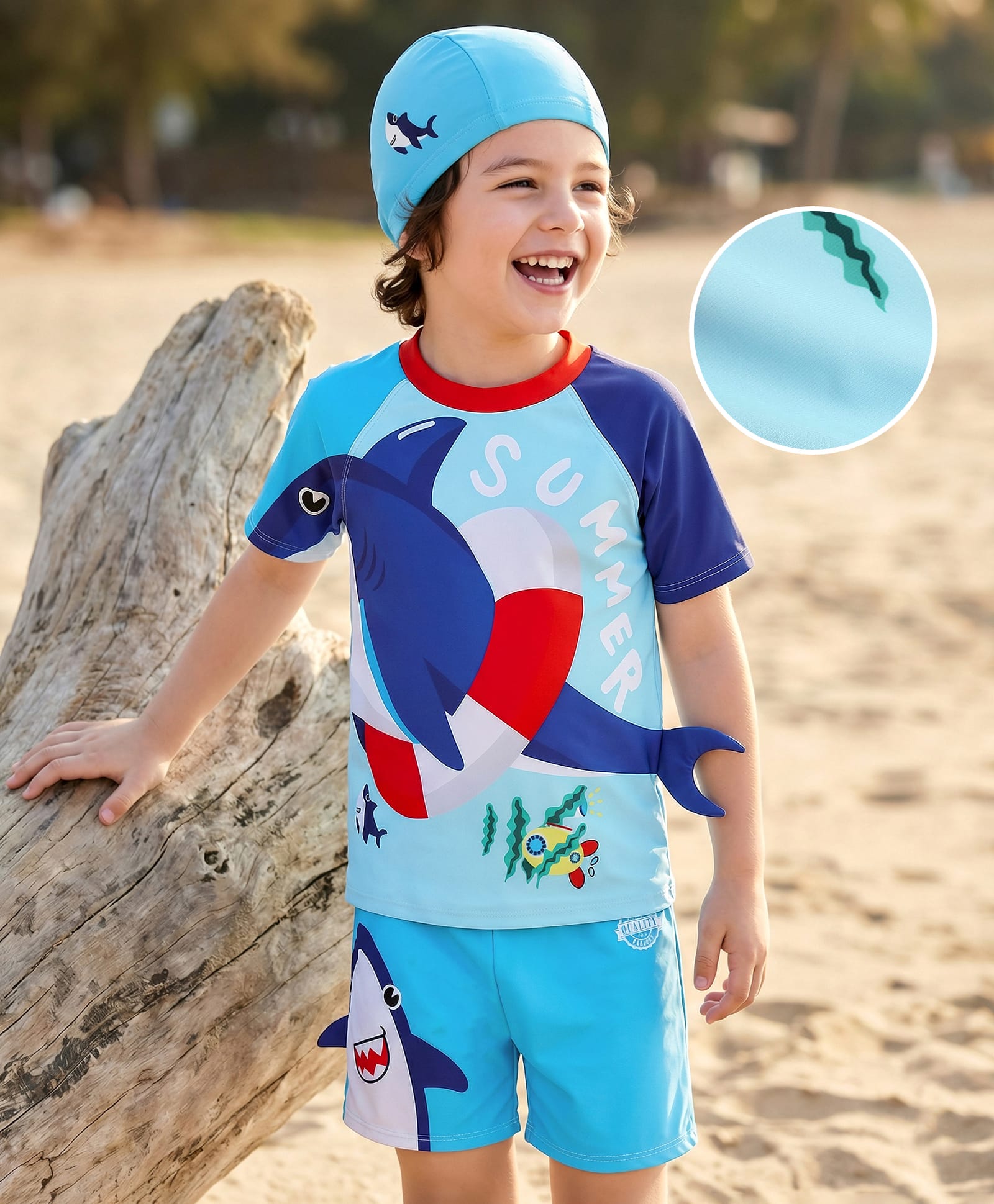 Mark & Mia Half Raglan Sleeves Two Piece Swimsuit With Fish Print & Cap - Blue-picture-22