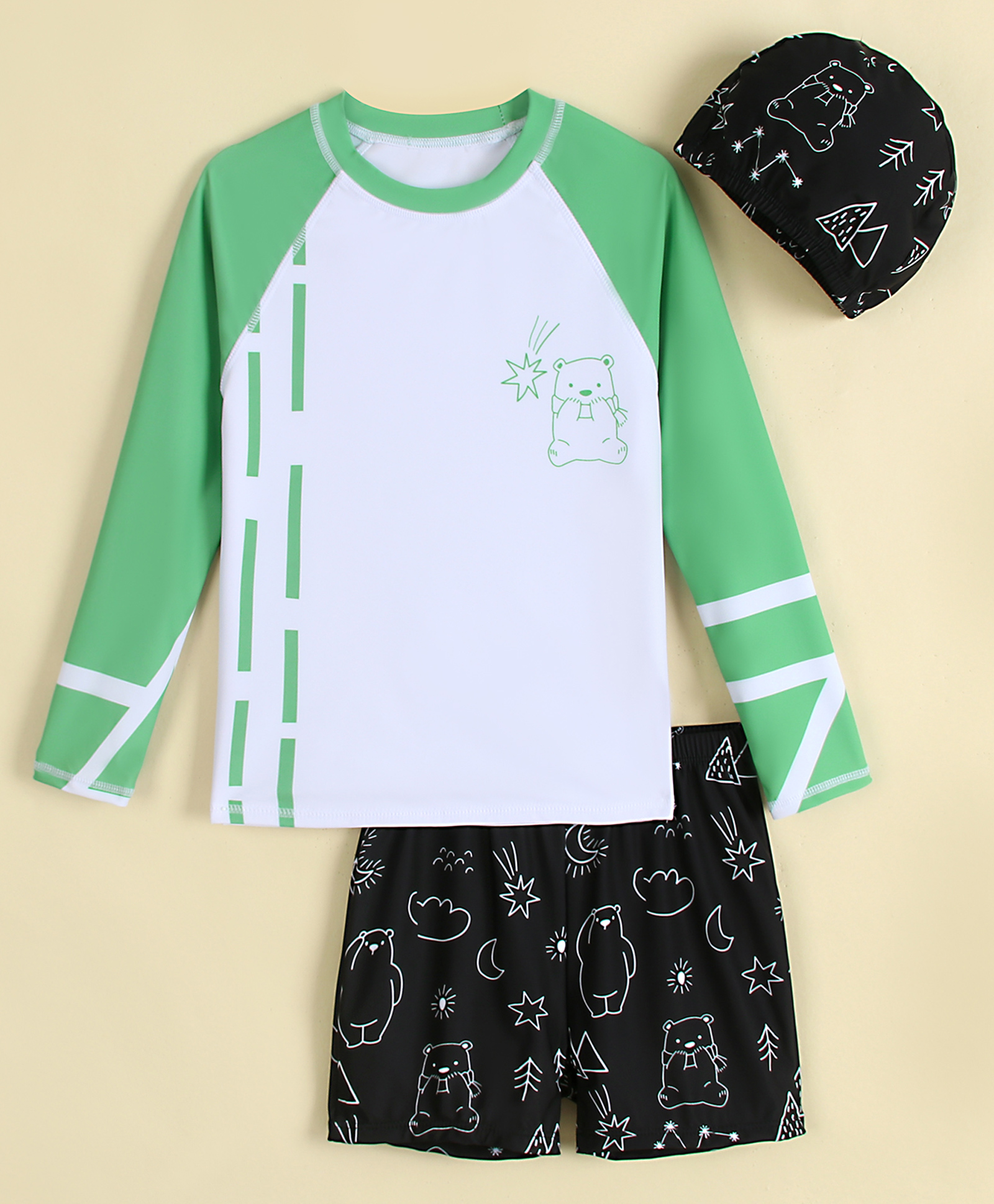 Mark & Mia Full Raglan Sleeves Two Piece Swimsuit with Bear Print -Light Green-picture-27