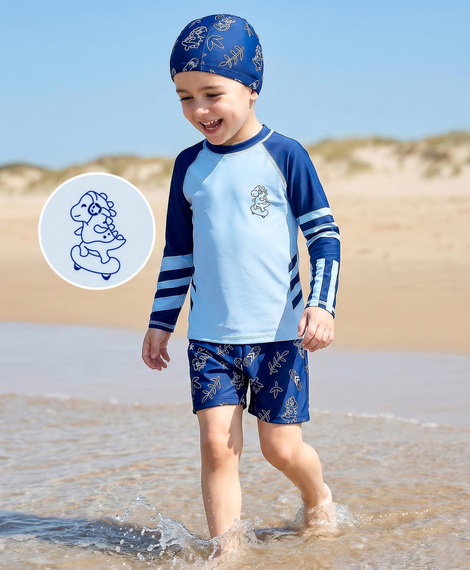 Mark & Mia Full Sleeves Two Piece Swimsuit With Dino Print & Cap - Blue-picture-13