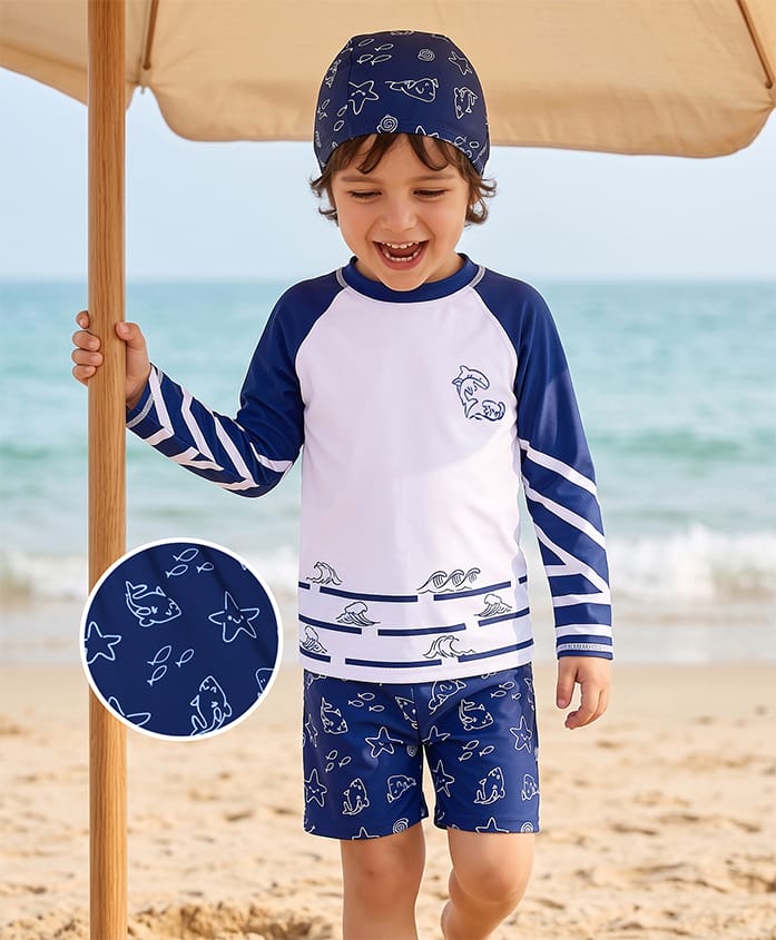 Mark & Mia Full Raglan Sleeves Two Piece Swimsuit With Nautical Theme Print & Cap - Navy Blue-image-33