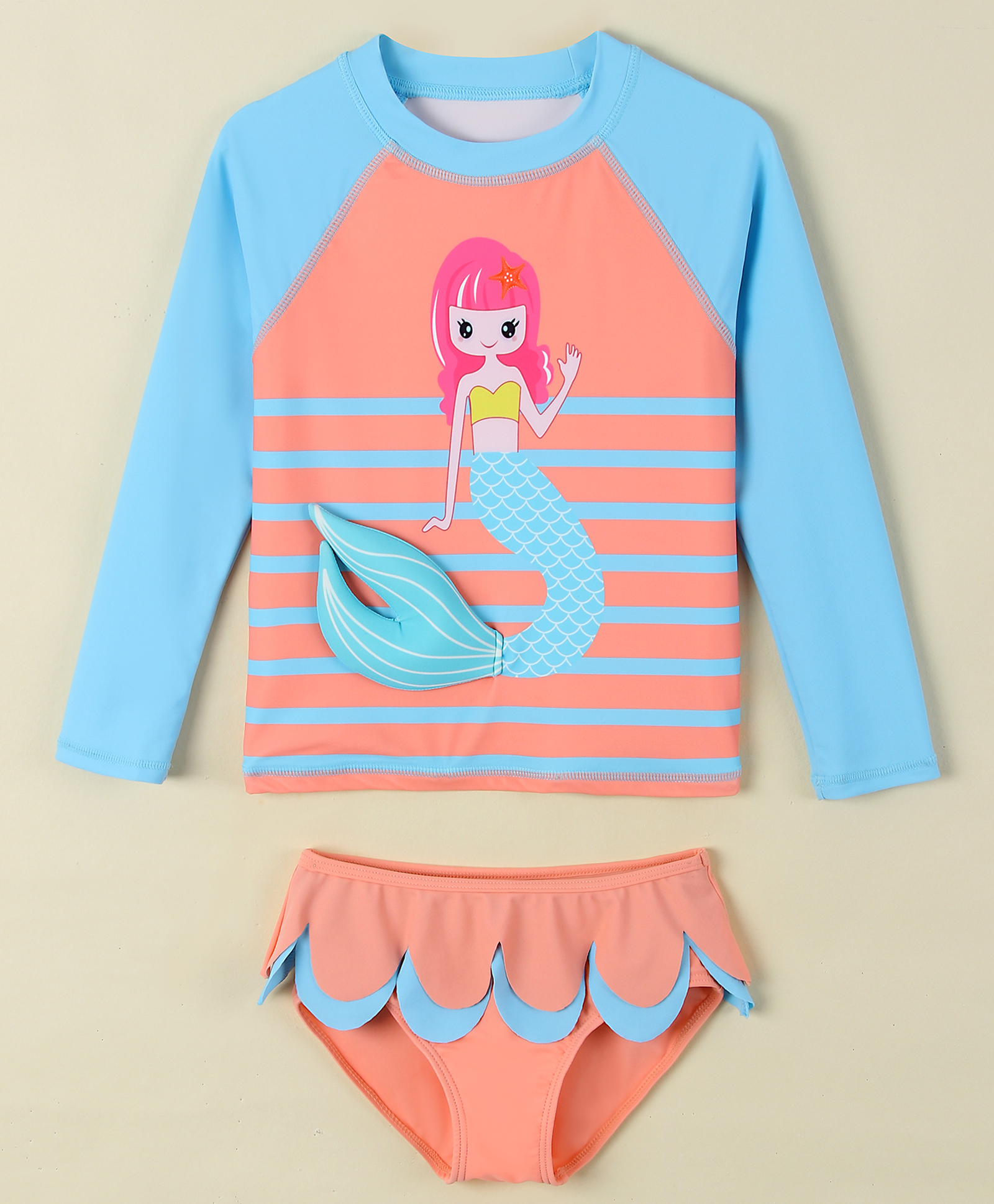 Mark & Mia Full Raglan Sleeves Two Piece Swimsuit with Mermaid Print - Peach-image-31