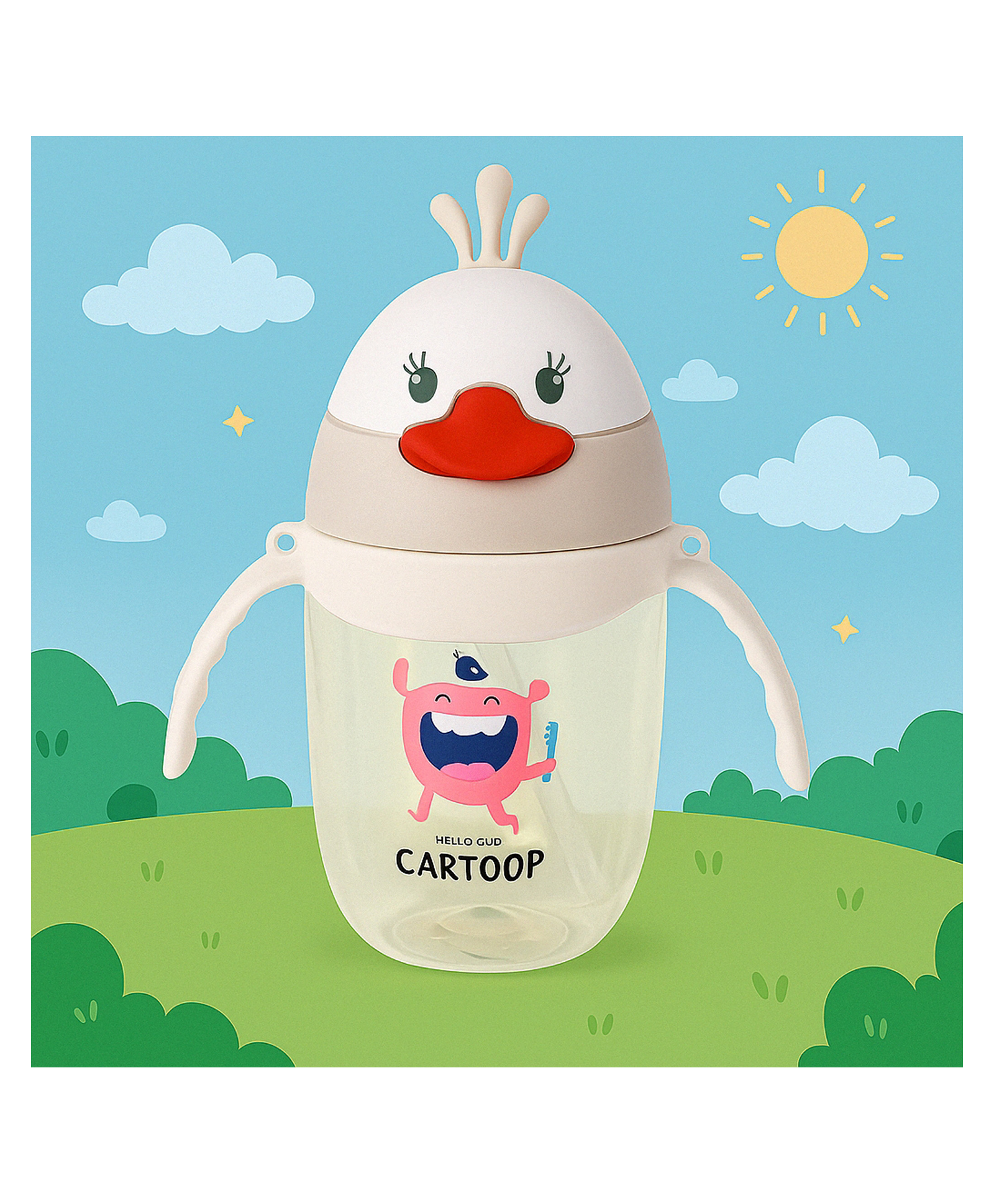 KIDS BASIC Baby Premium Duck Feeding Sipper With Straw & Handle For Grip- 350 ml - Grey-image-44
