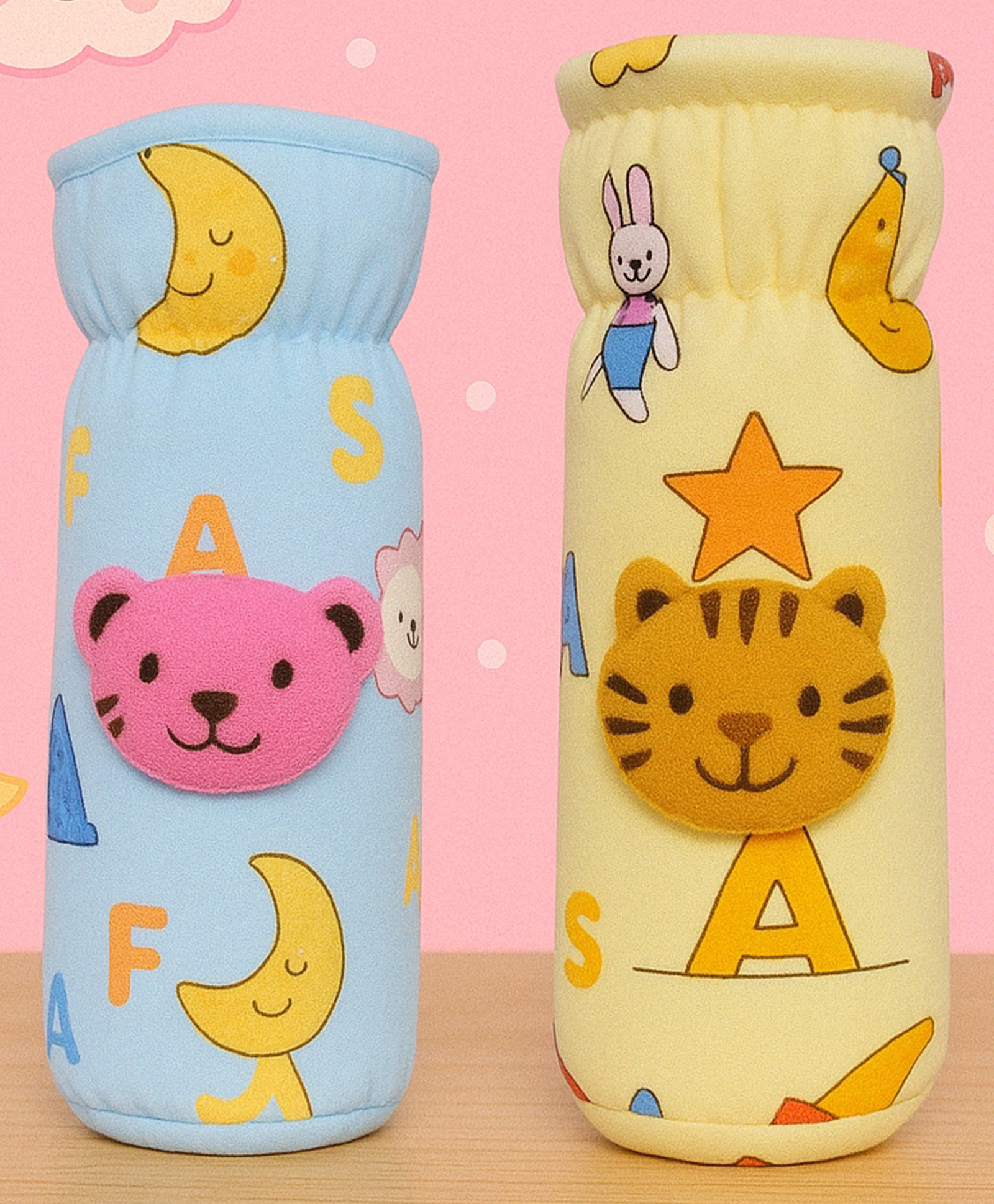 KIDS BASIC Soft & Durable Baby Feeding Bottle Cover Stretchable Soft Velvet Plush Cartoon Prints, Suitable UPTO 250 ml- Blue & Yellow (Pack of 2)-image-47