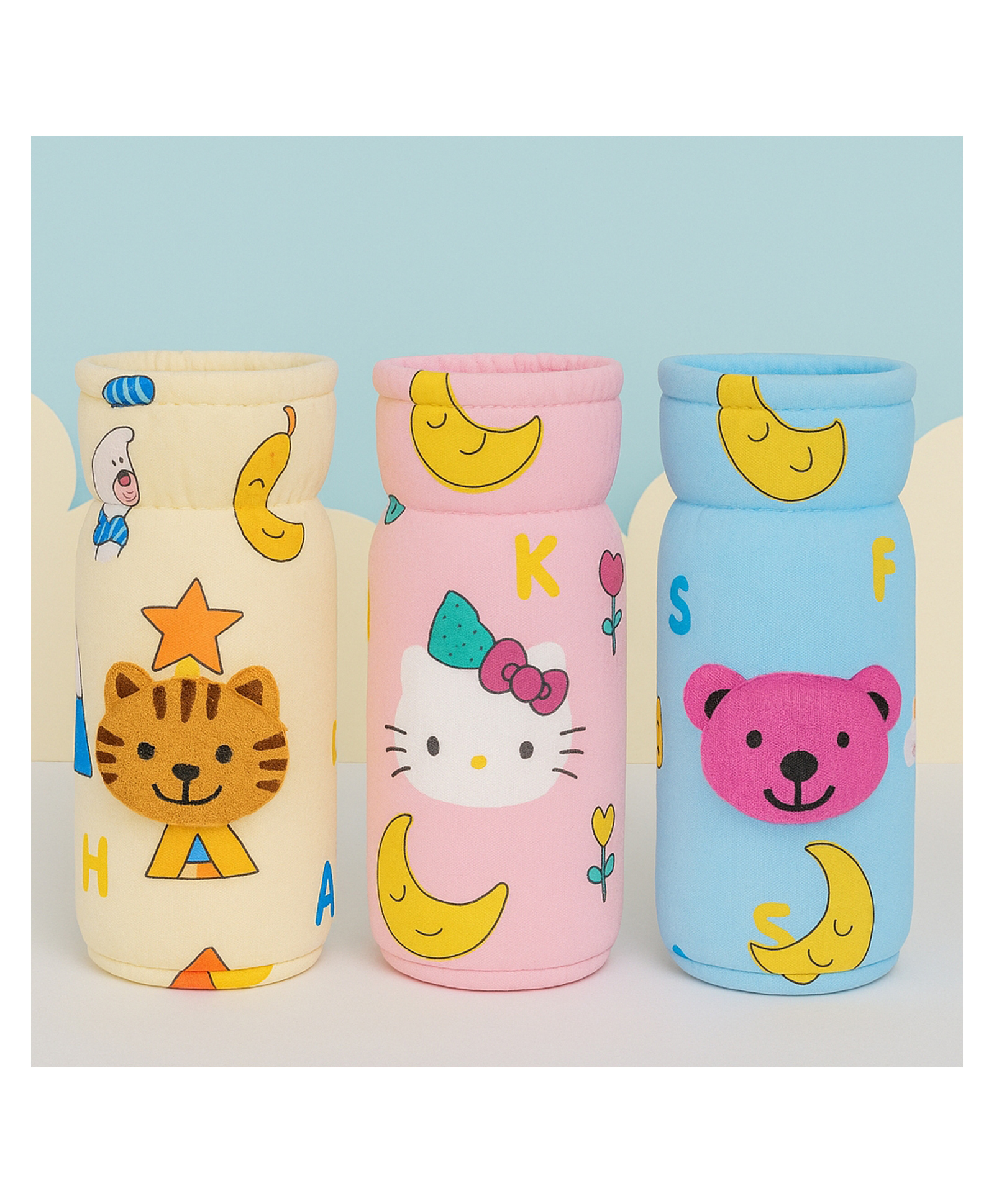 KIDS BASIC Soft & Durable Baby Feeding Bottle Cover Stretchable Soft Velvet Plush Cartoon Prints, Suitable UPTO 250ML - Pink, Yellow & Blue (Pack of 3)-image-29