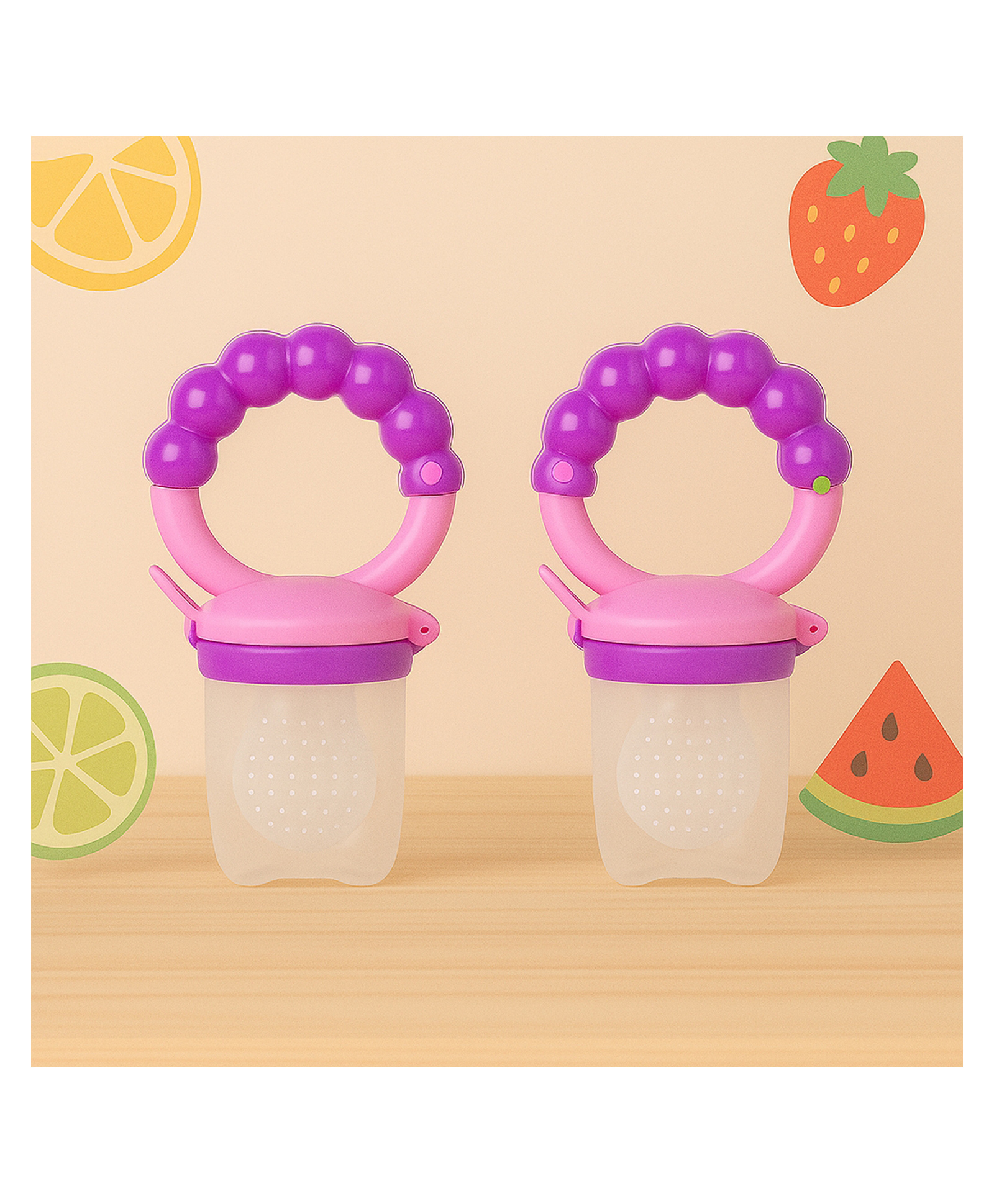 KIDS BASIC BPA Free Silicone Food Nibbler for Fruit and Veggie with Rattle Handle - Purple (Pack of 2)-image-34