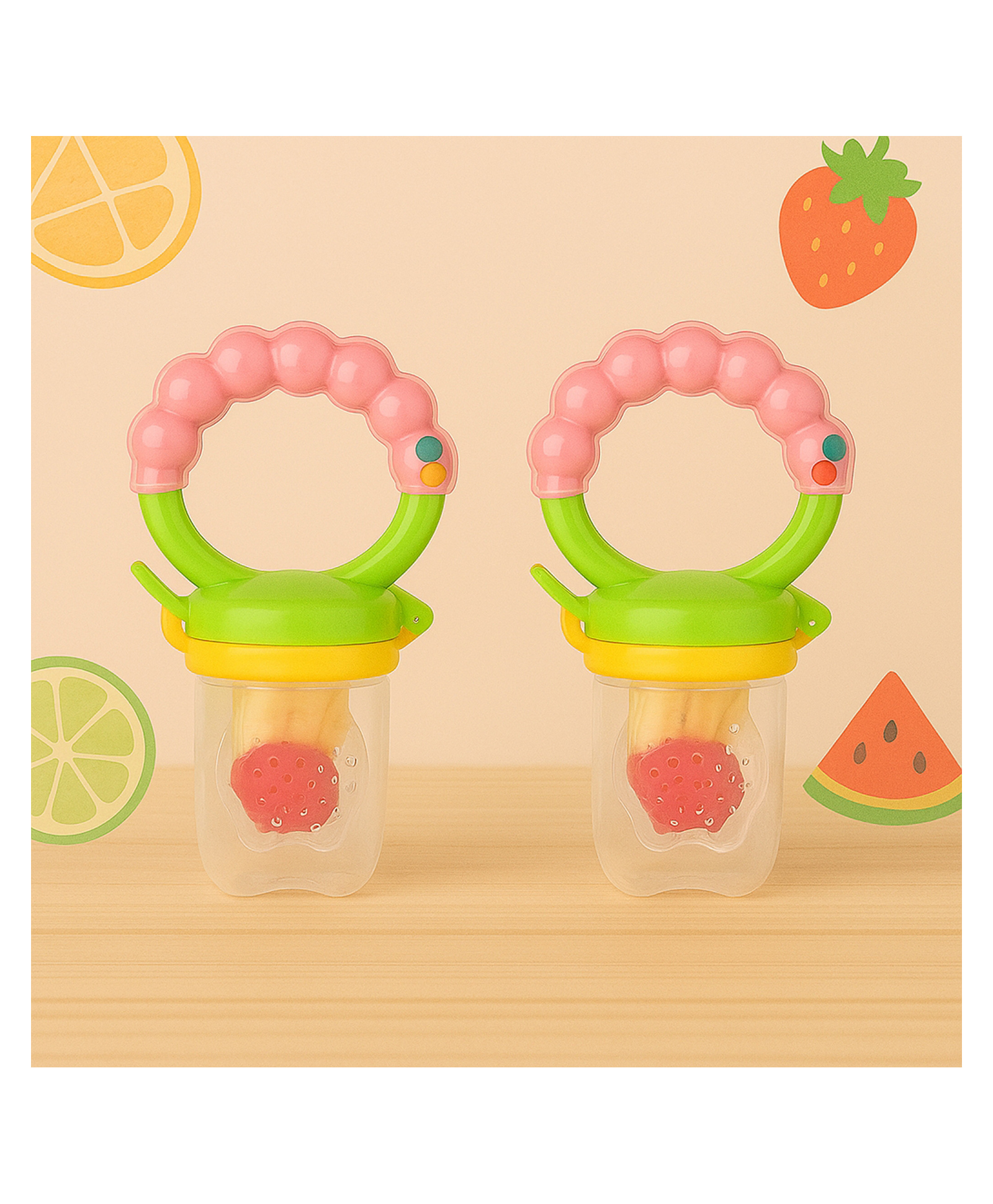 KIDS BASIC BPA Free Silicone Food Nibbler for Fruit and Veggie with Rattle Handle - Pink (Pack of 2)-image-35