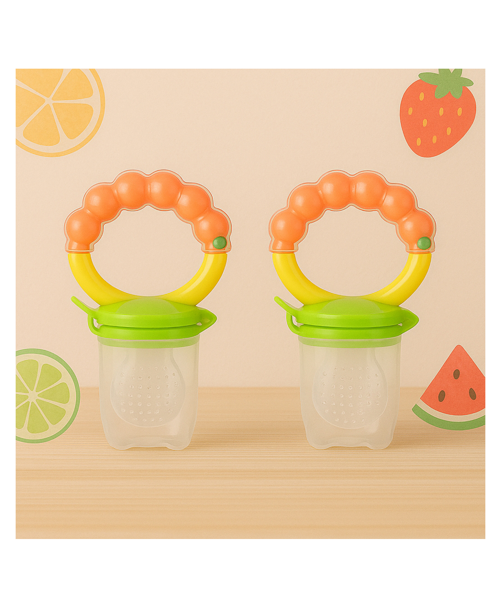 KIDS BASIC BPA Free Silicone Food Nibbler for Fruit and Veggie with Rattle Handle - Orange (Pack of 2)-image-28