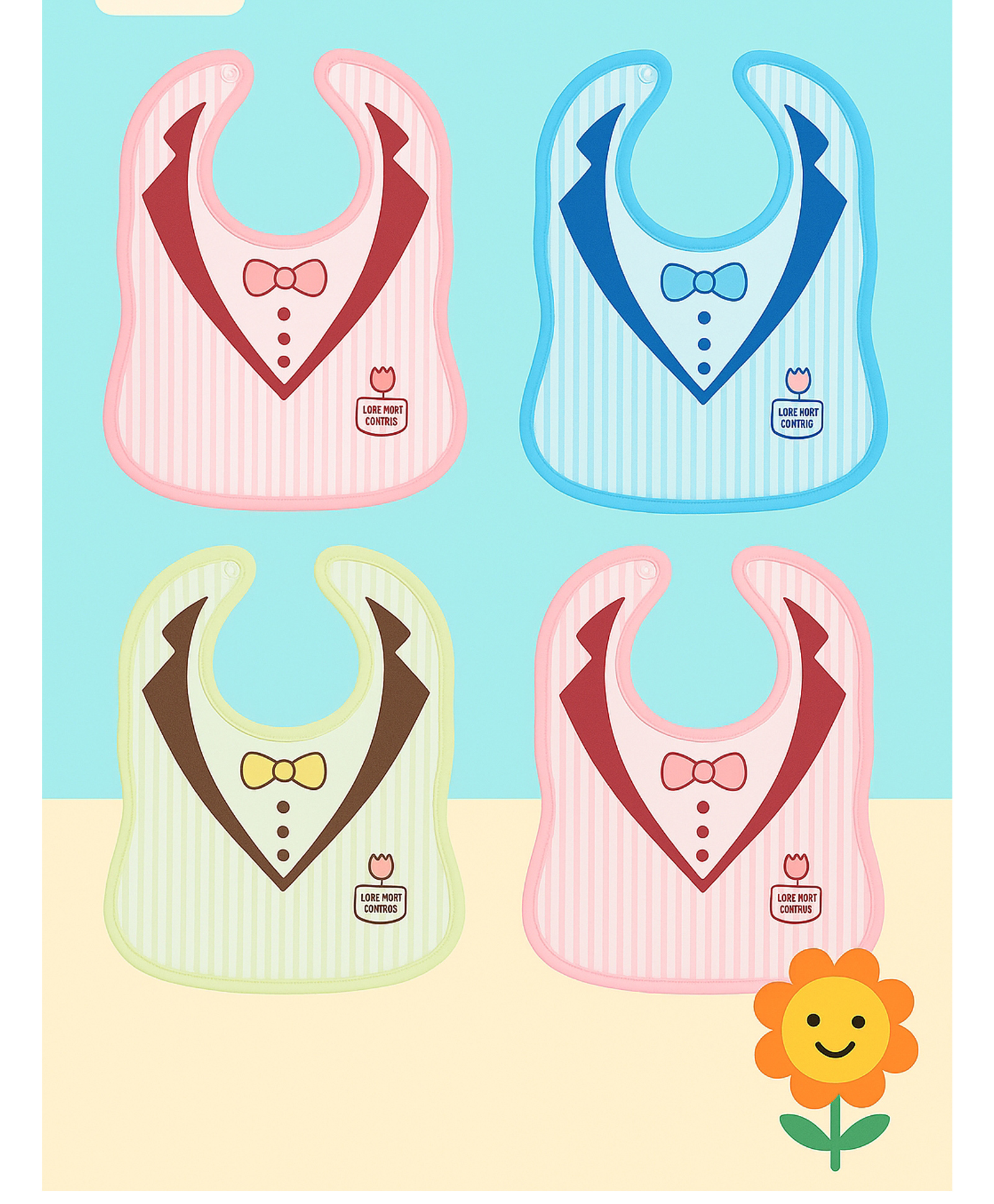 KIDS BASIC Baby Tie Printed Button Bibs - Blue & Pink (Pack of 4)-image-39
