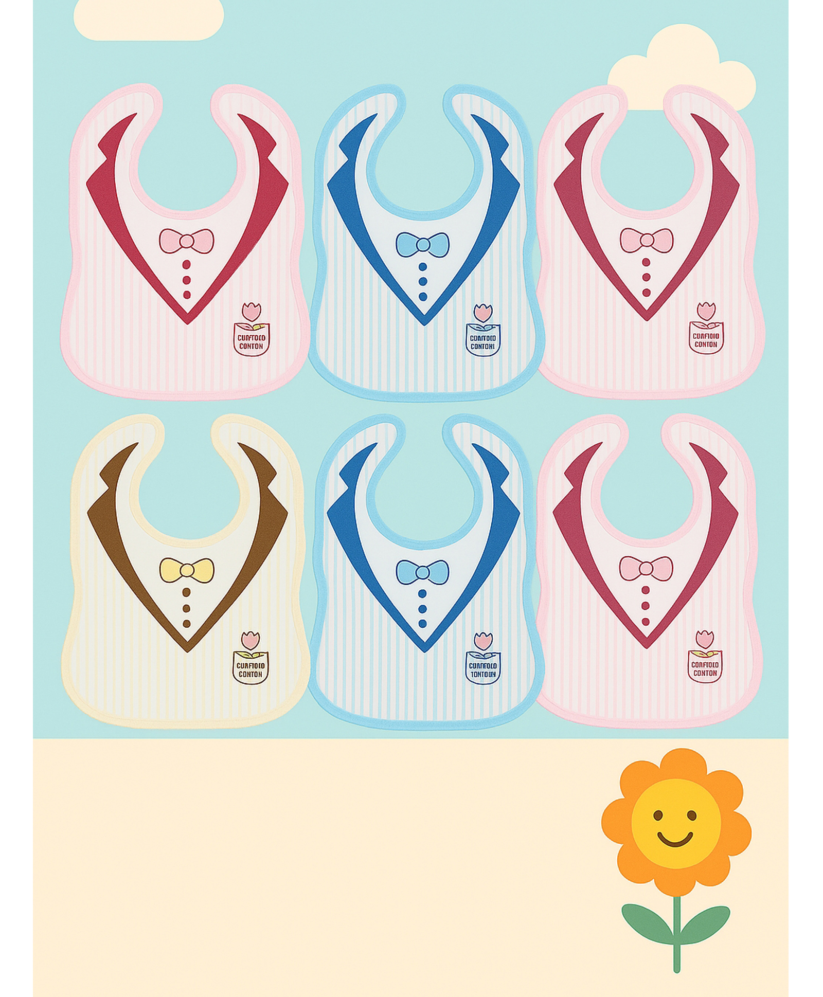 KIDS BASIC Baby Tie Printed Button Bibs - Blue & Pink (Pack of 6)-image-38