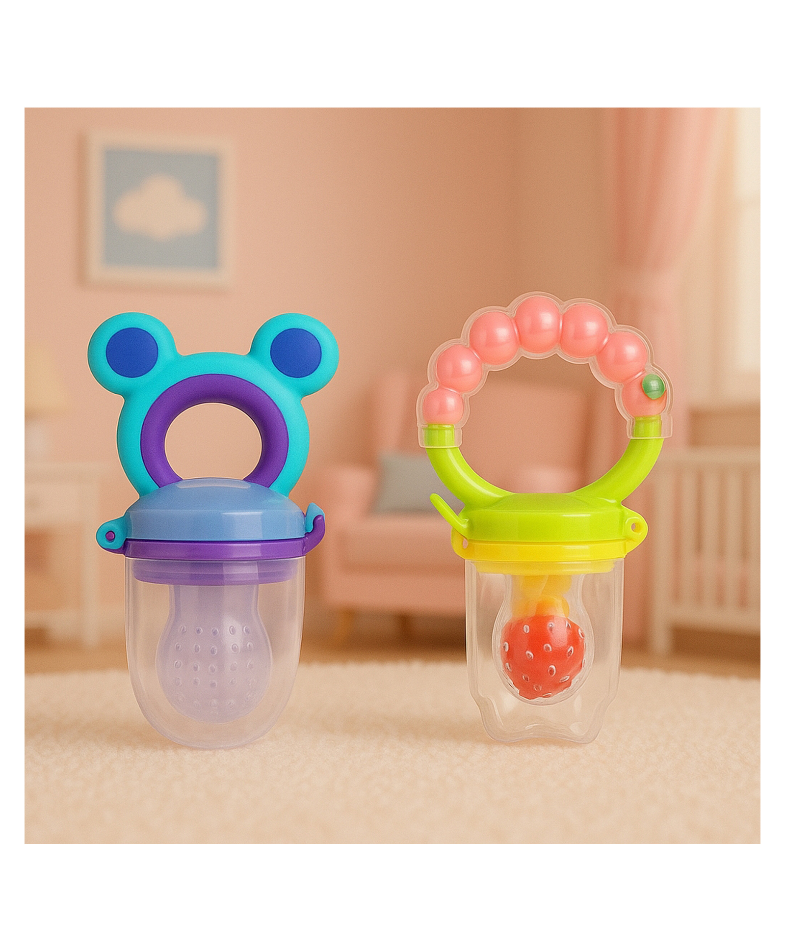 KIDS BASIC Premium Silicone Fruit Mickey Nibbler & Rattle Nibbler - Purple & Pink (Pack of 2)-image-14