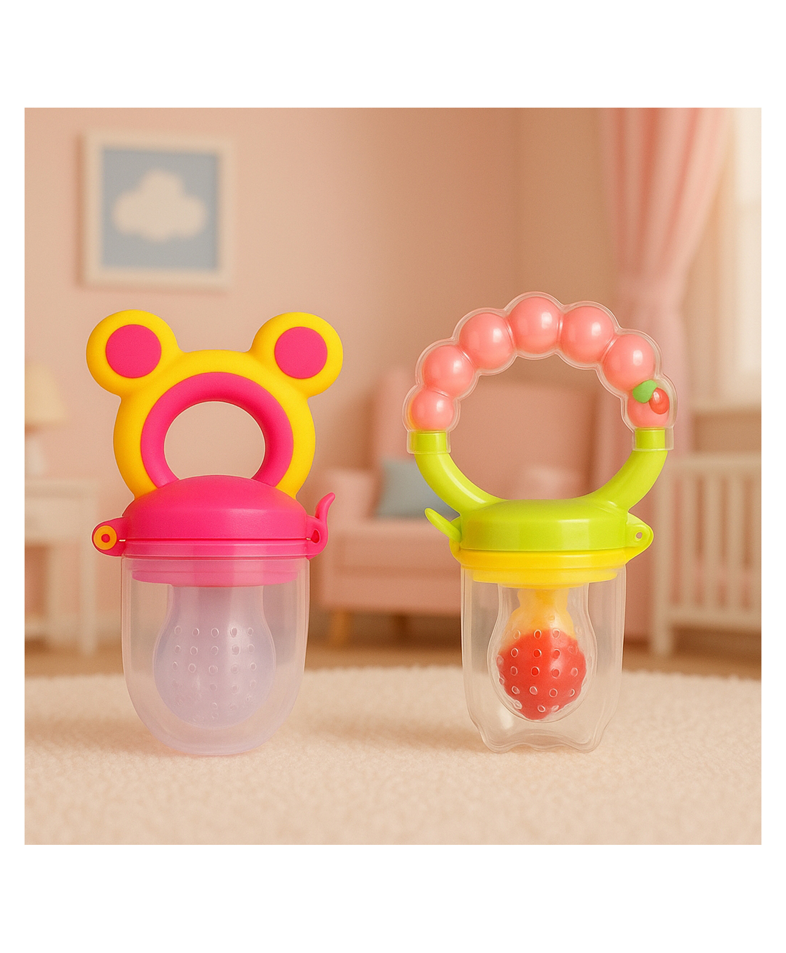 KIDS BASIC Premium Silicone Fruit Mickey Nibbler & Rattle Nibbler - Pink (Pack of 2)-image-4