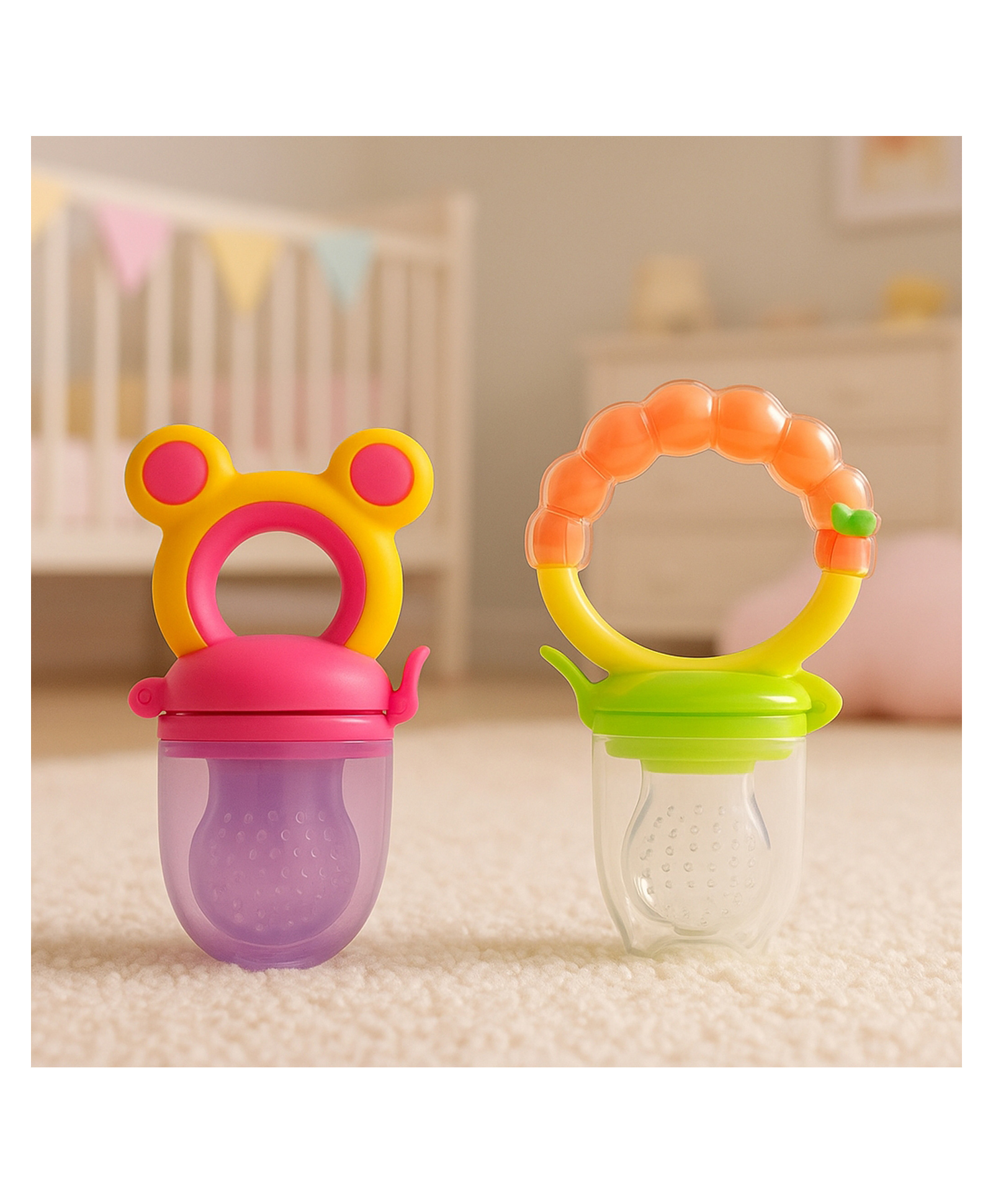 KIDS BASIC Premium Silicone Fruit Mickey Nibbler & Rattle Nibbler - Pink & Orange (Pack of 2)-image-2
