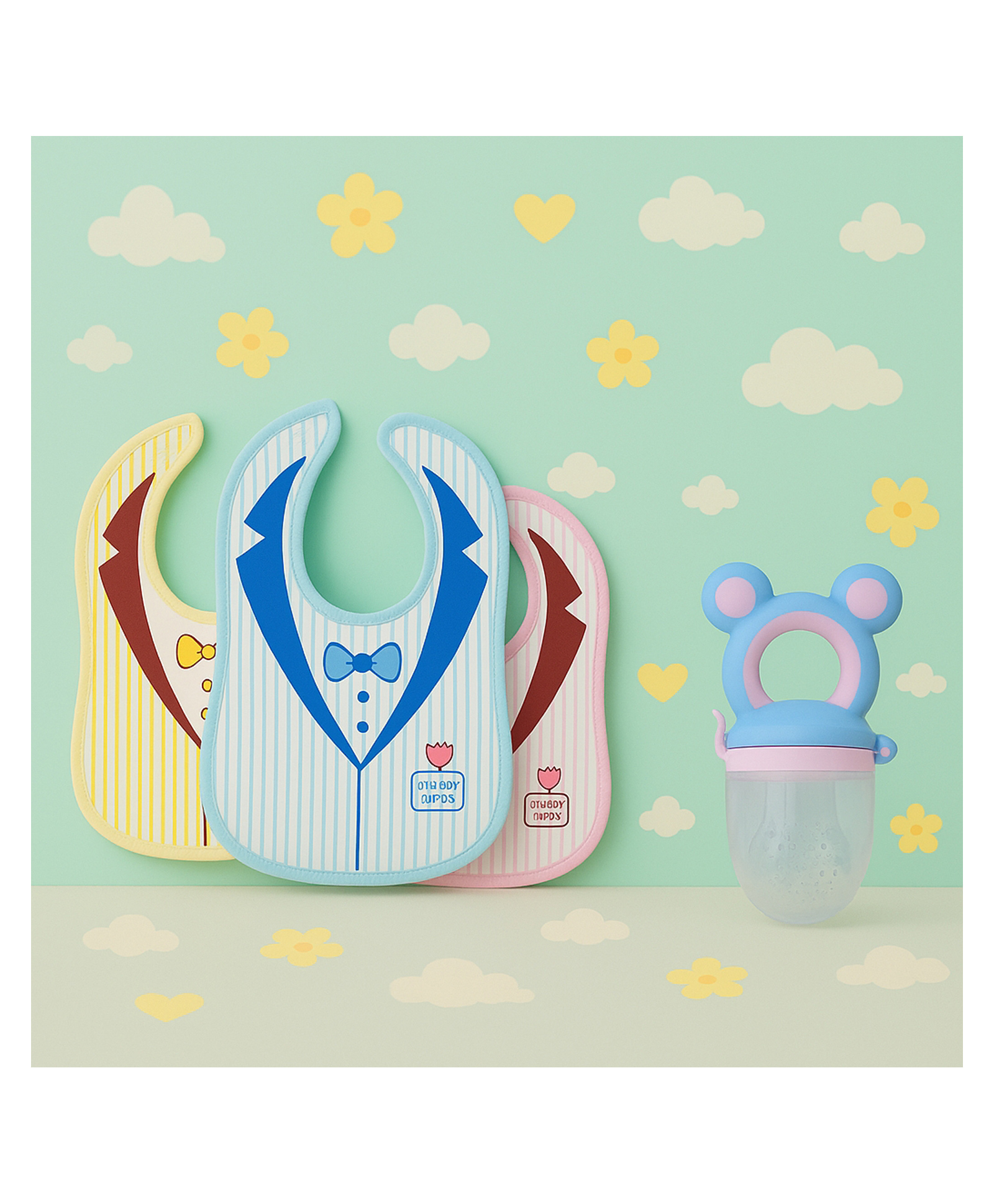 KIDS BASIC Premium Silicone Fruit Mickey Nibbler & 3 Snap Button Tie Printed Bibs - Blue & Multicolor (Pack of 4)-image-34