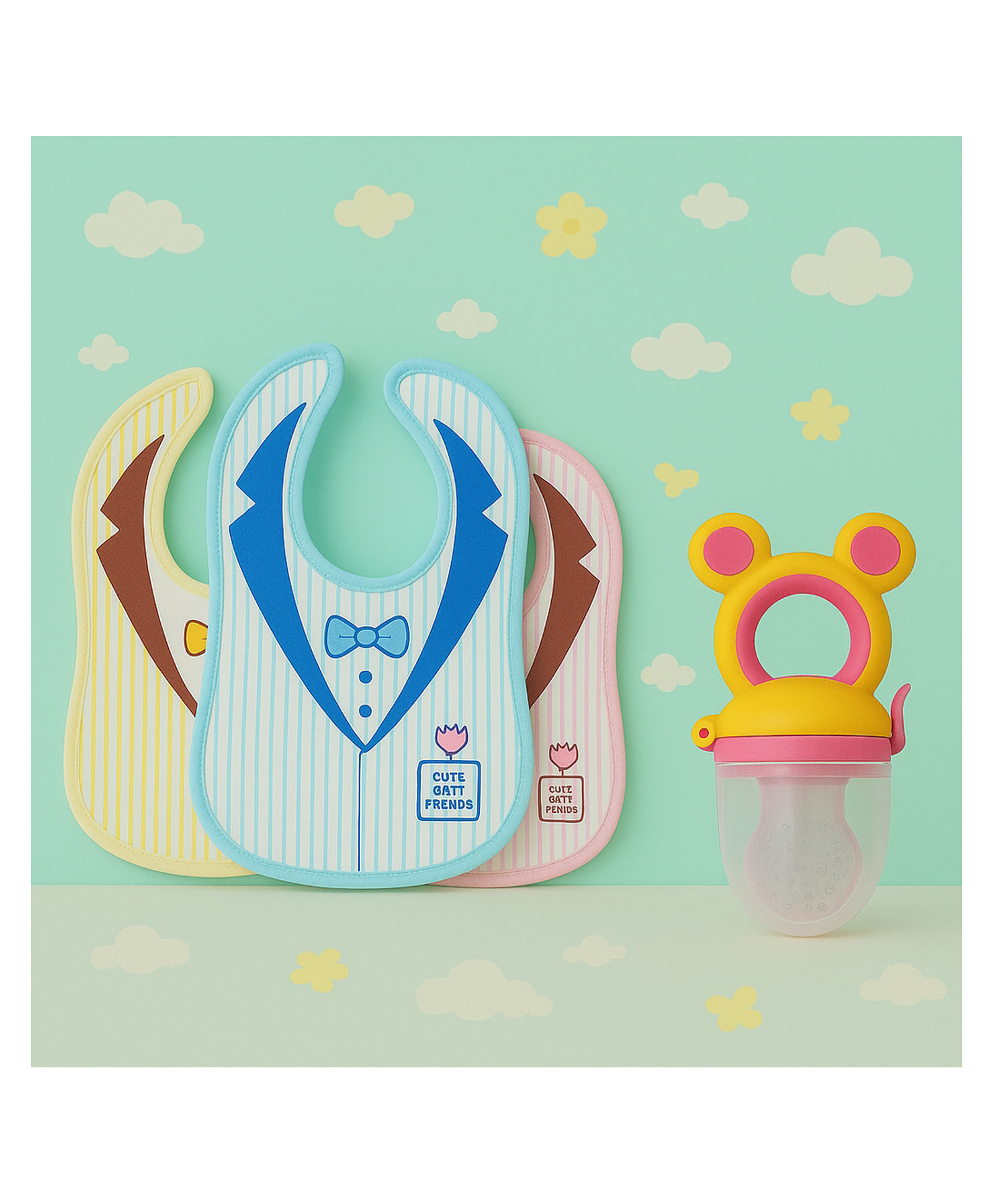 KIDS BASIC Premium Silicone Fruit Mickey Nibbler & 3 Snap Button Tie Printed Bibs - Pink & Multicolor (Pack of 4)-image-17