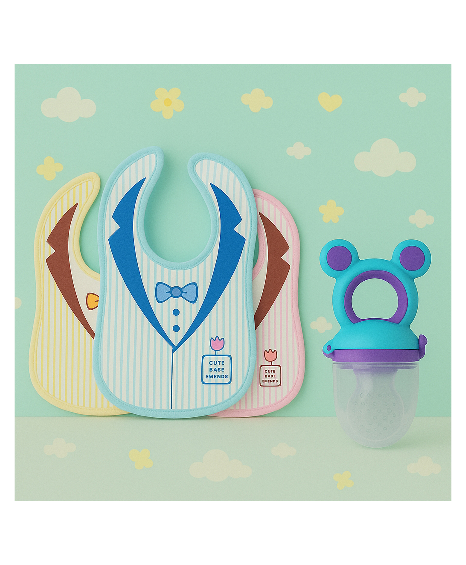 KIDS BASIC Premium Silicone Fruit Mickey Nibbler & 3 Snap Button Tie Printed Bibs - Purple & Multicolor (Pack of 4)-image-49