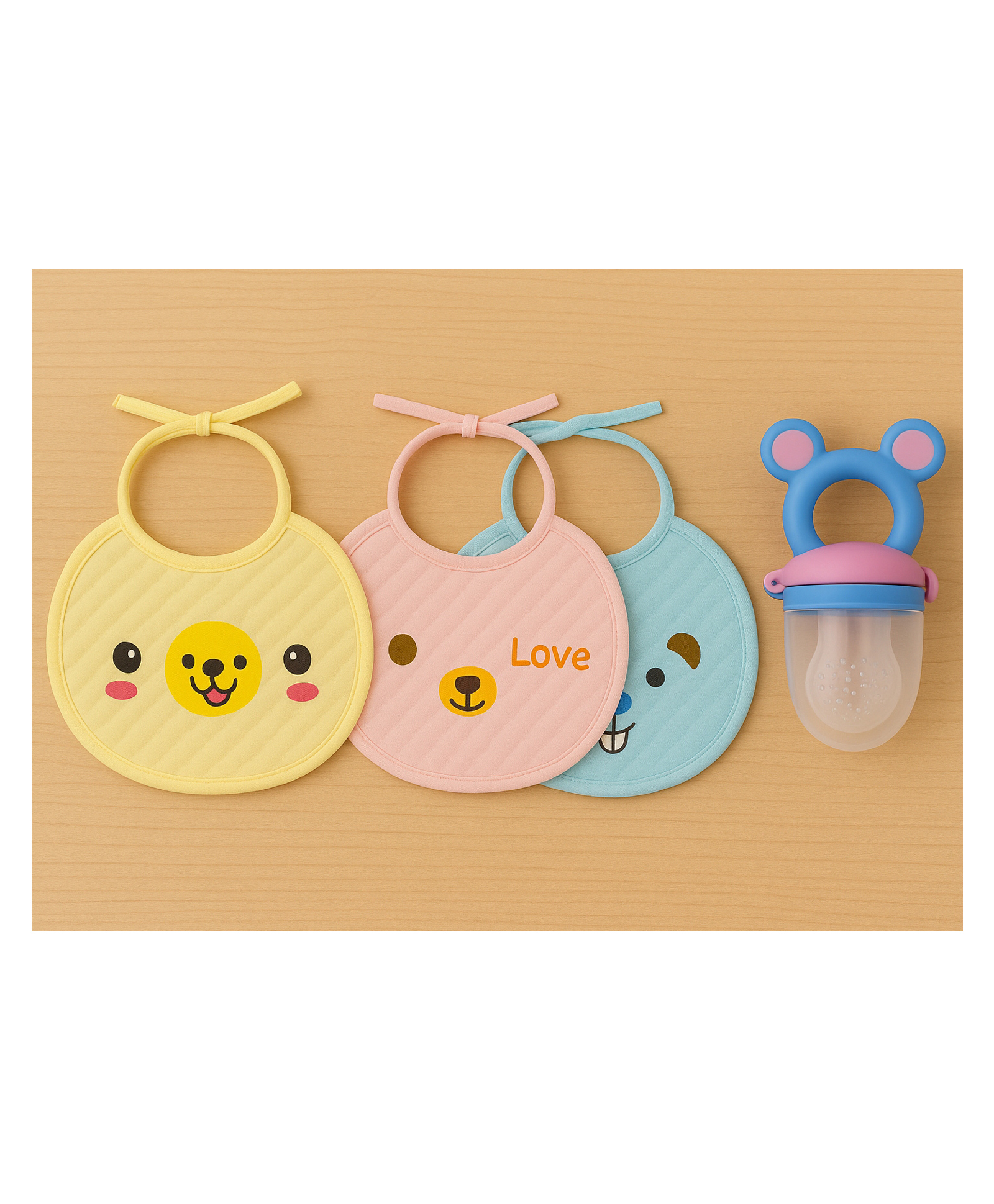 KIDS BASIC Premium Silicone Fruit Mickey Nibbler & 3 Knot Printed Bibs - Blue & Multicolor (Pack of 2)-image-31