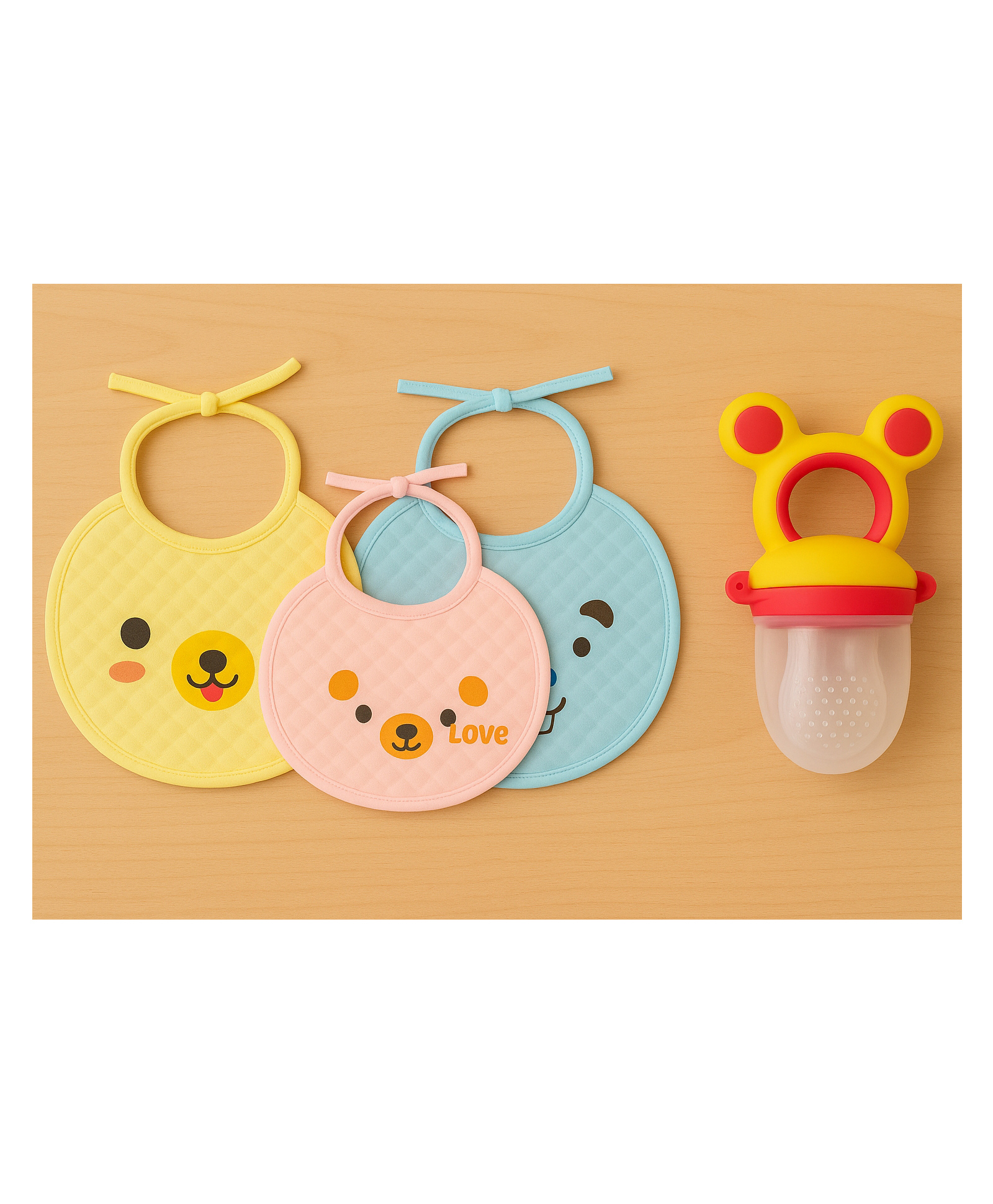 KIDS BASIC Premium Silicone Fruit Mickey Nibbler & 3 Knot Printed Bibs - Pink & Multicolor (Pack of 2)-image-14
